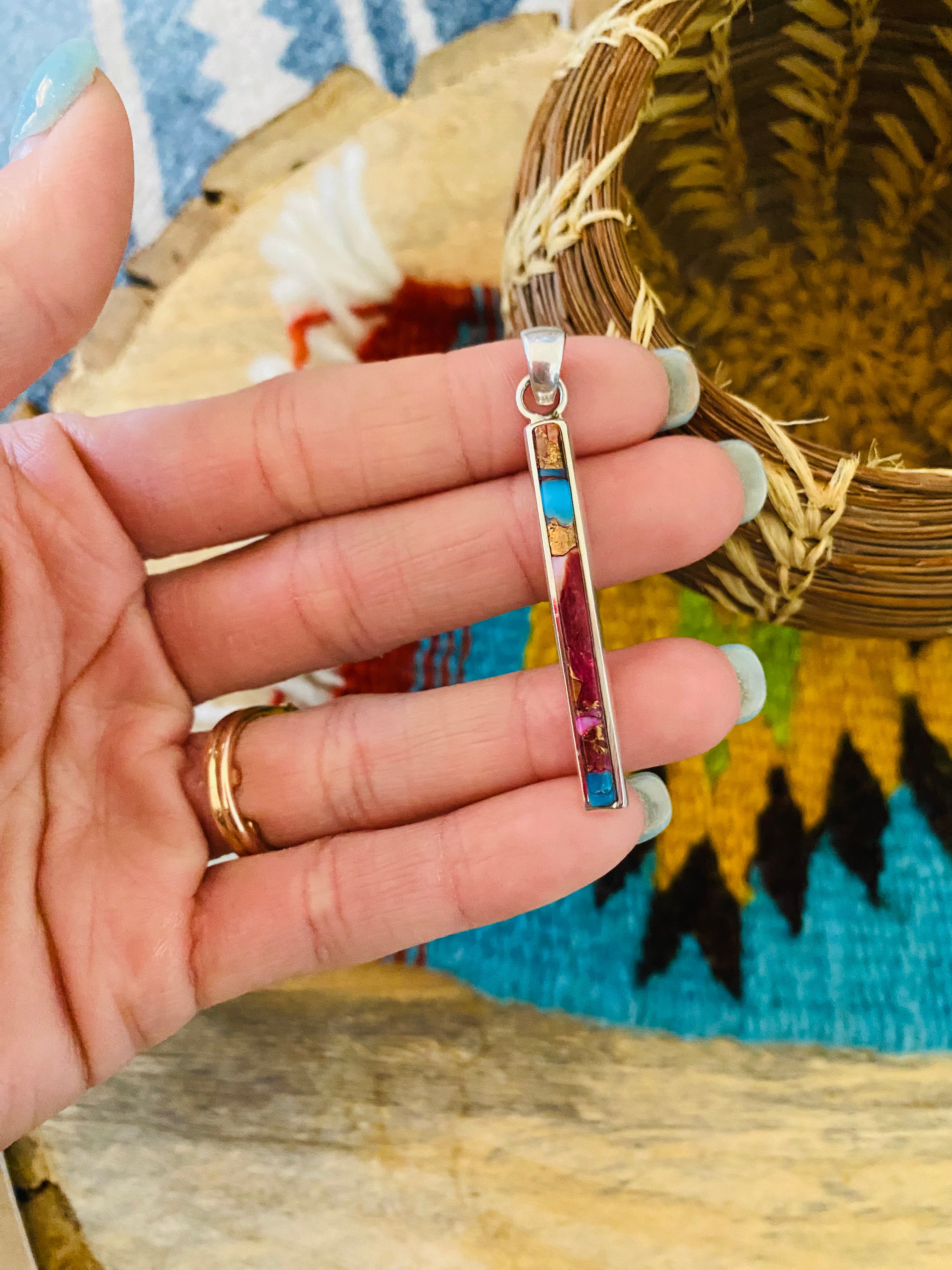 Navajo Sterling Silver & Pink Dream Bar Pendant