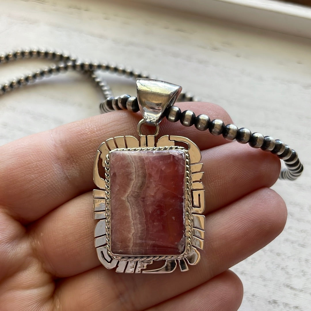 Navajo Sterling Silver & Rhodochrosite Pendant Signed