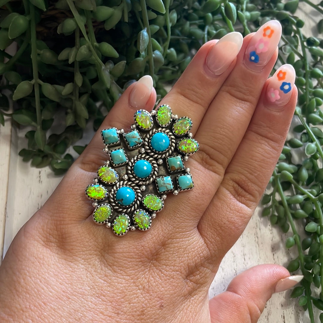 Nizhoni Handmade Fire Opal, Turquoise And Sterling Silver Adjustable Ring