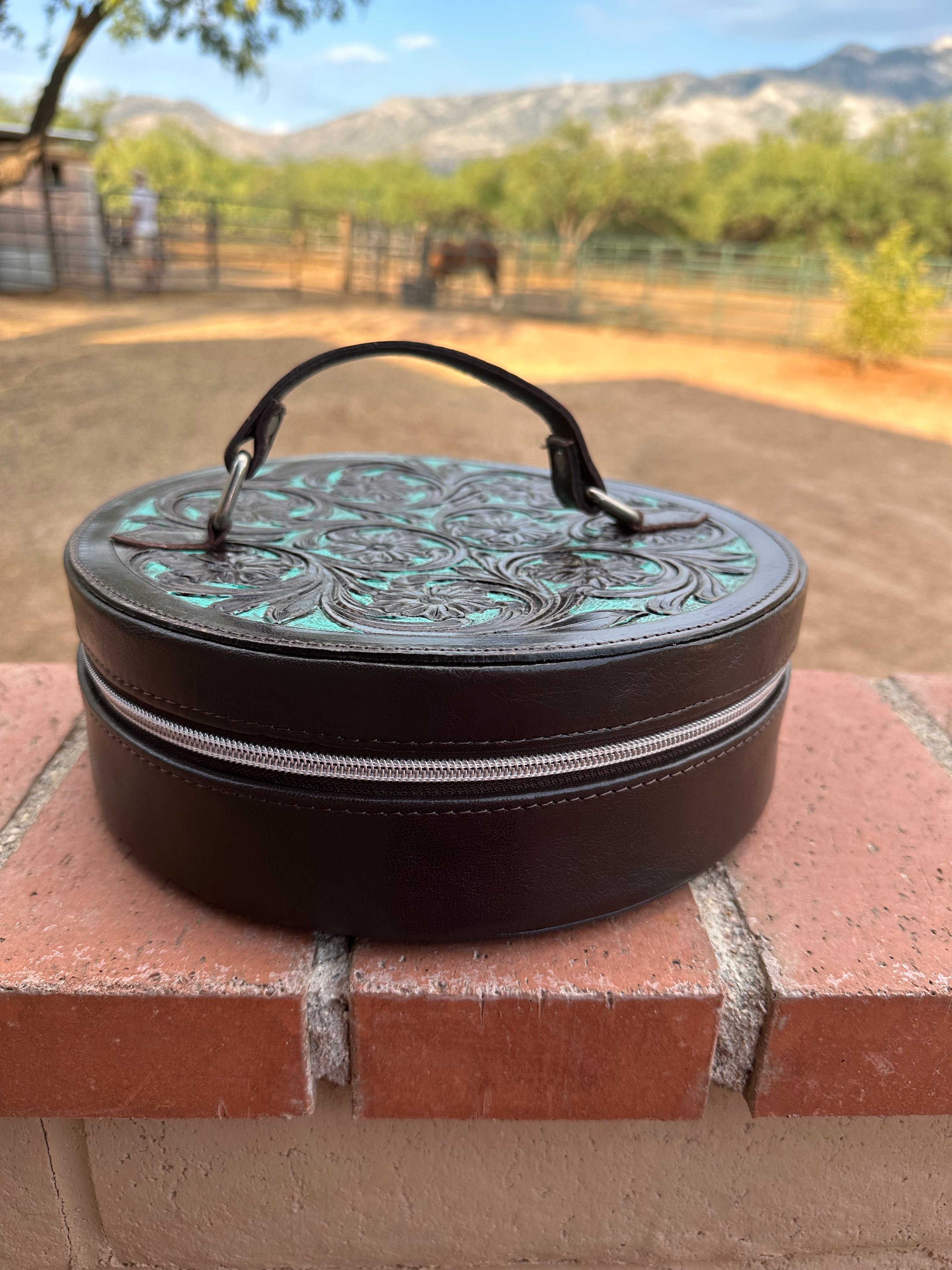 Chocolate Leather and Turquoise Travel Round Case