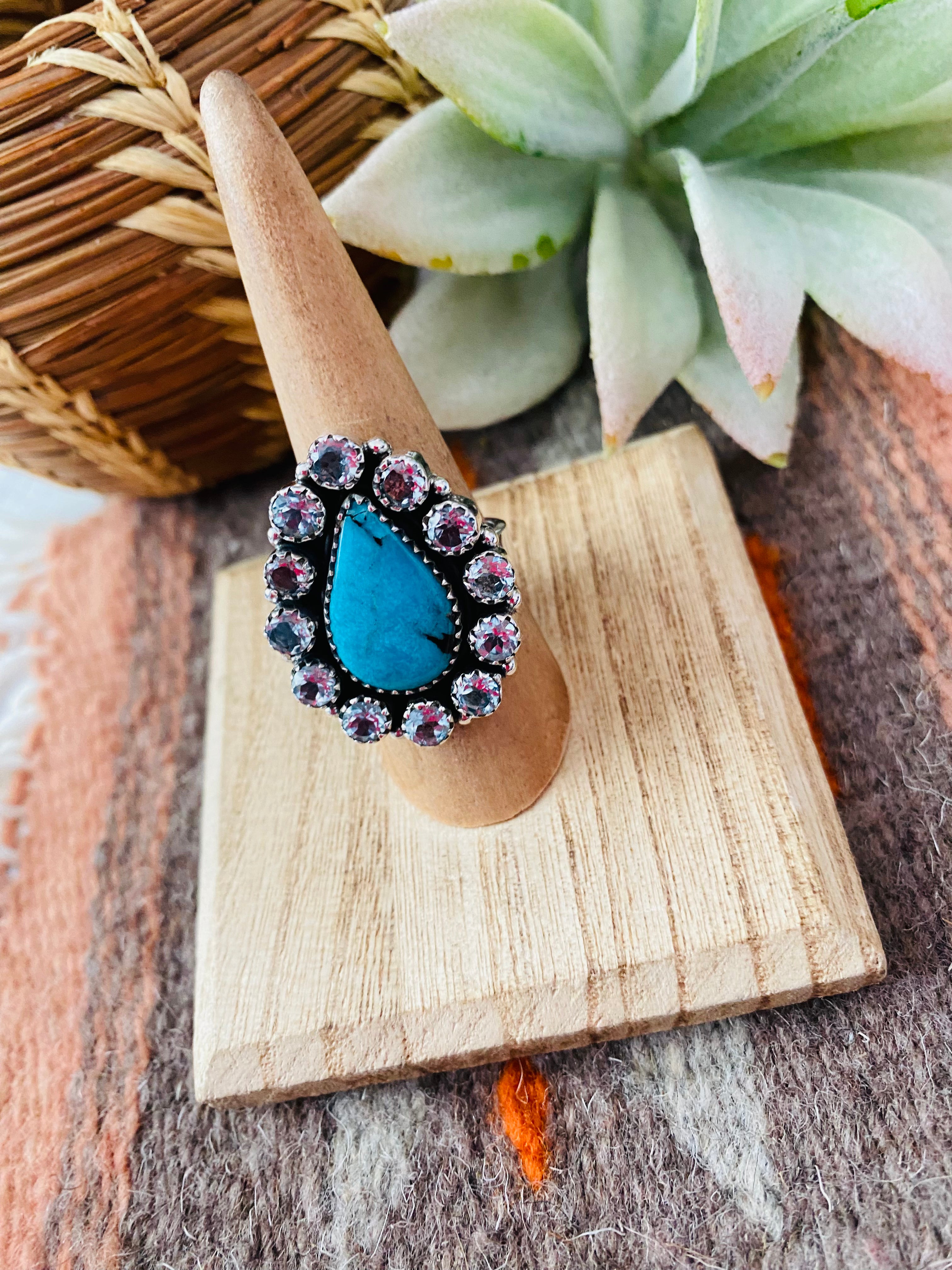 Handmade Sterling Silver, Turquoise & Topaz Cluster Adjustable Ring