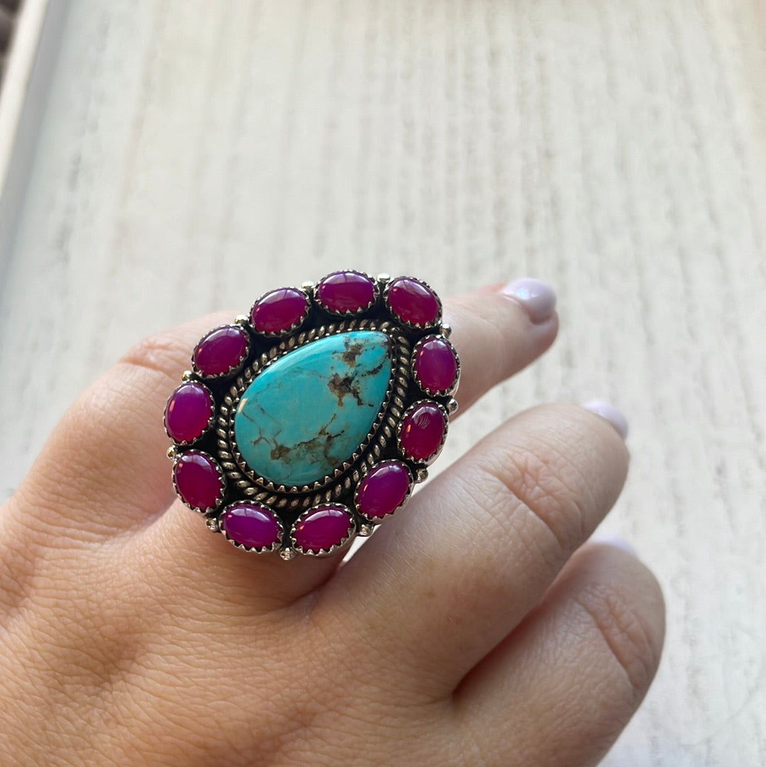 Handmade Pink Onyx & Turquoise Sterling Silver Adjustable Ring Signed Nizhoni