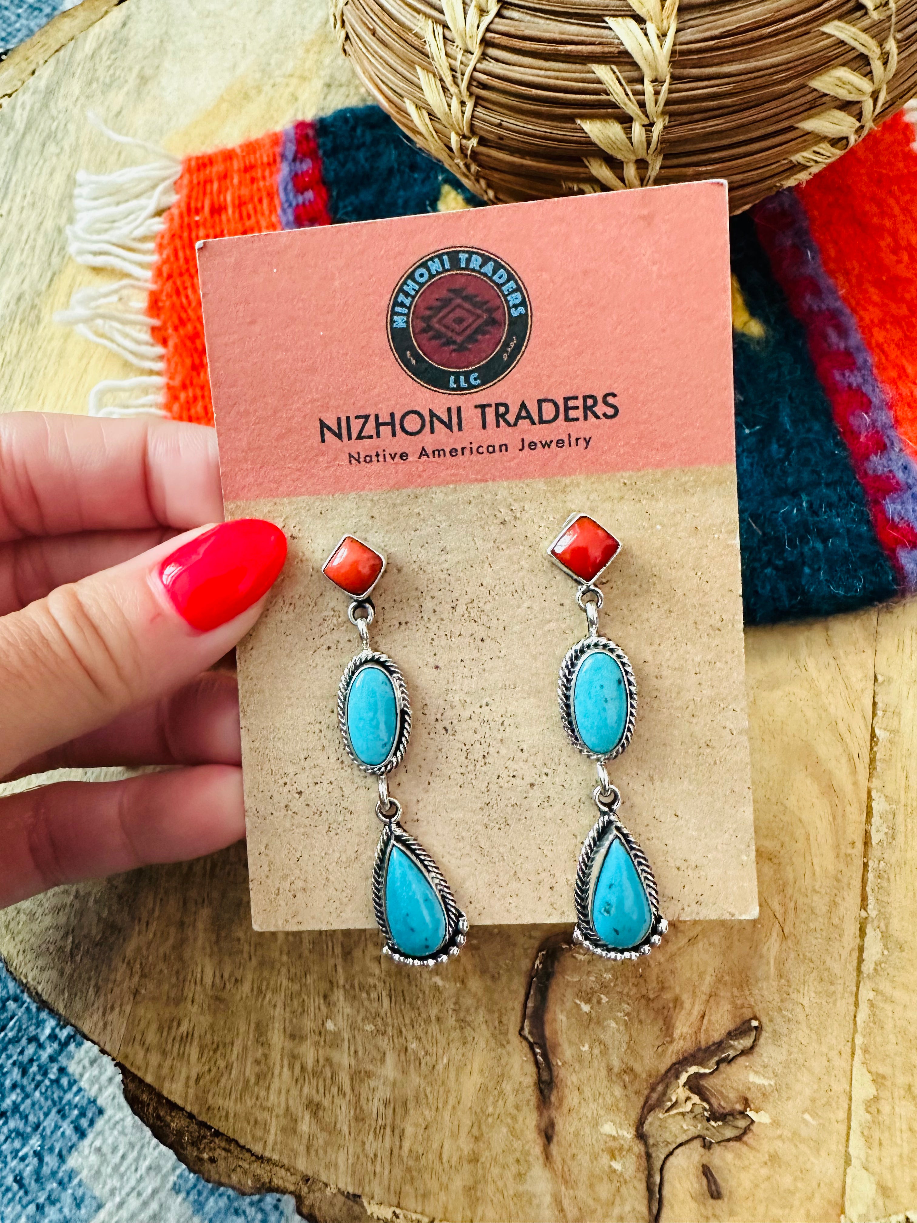 Navajo Turquoise, Coral & Sterling Silver Dangle Earrings