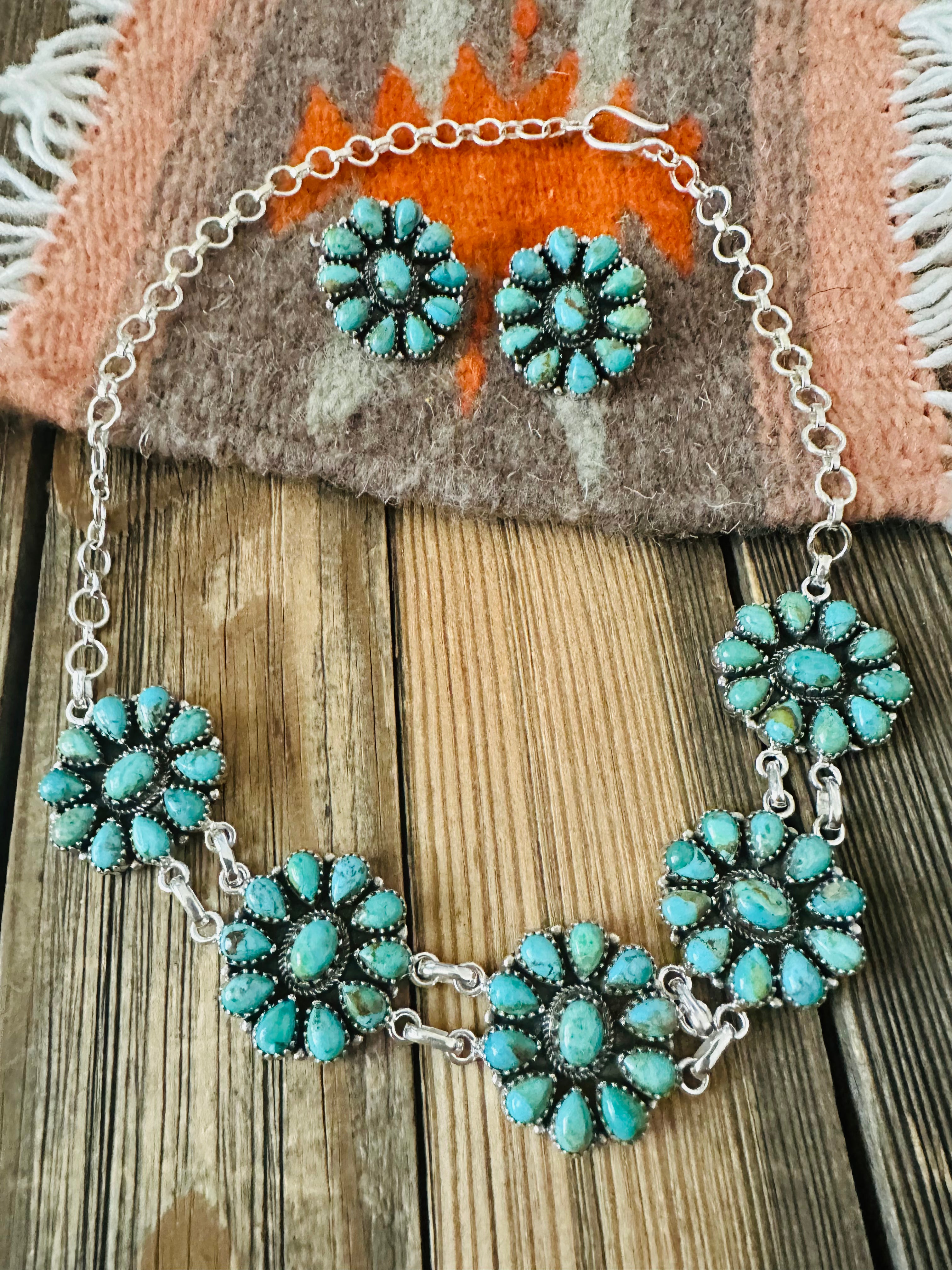 Handmade Sterling Silver & Kingman Turquoise Cluster Choker Set