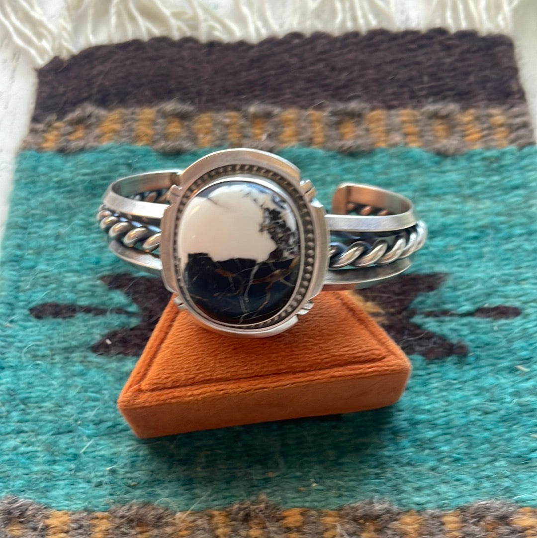 Beautiful Navajo White Buffalo & Sterling Silver Cuff Bracelet Signed