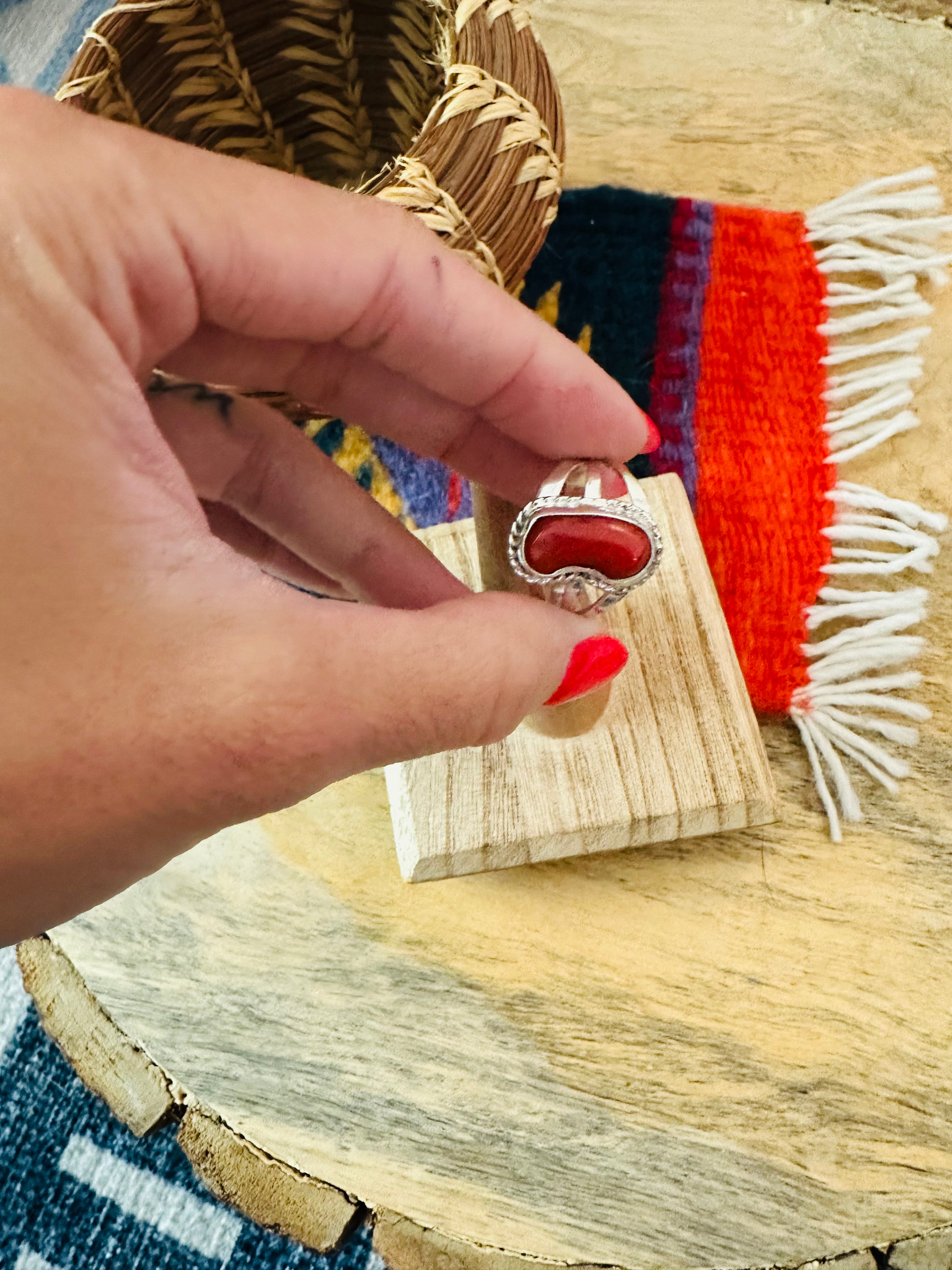 Navajo Red Coral & Sterling Silver Ring