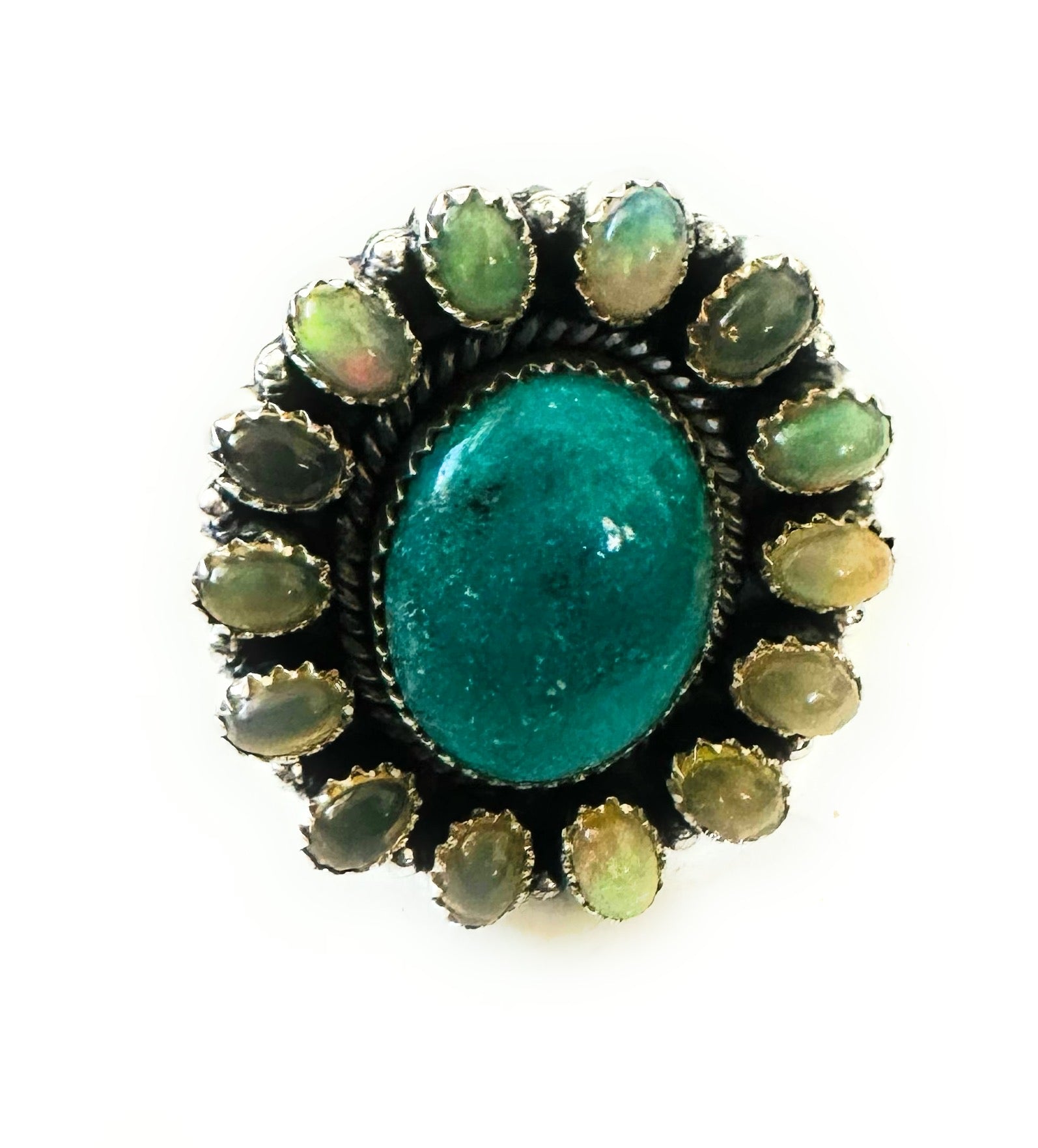 Handmade Sterling Silver Turquoise & Opal Cluster Adjustable Ring