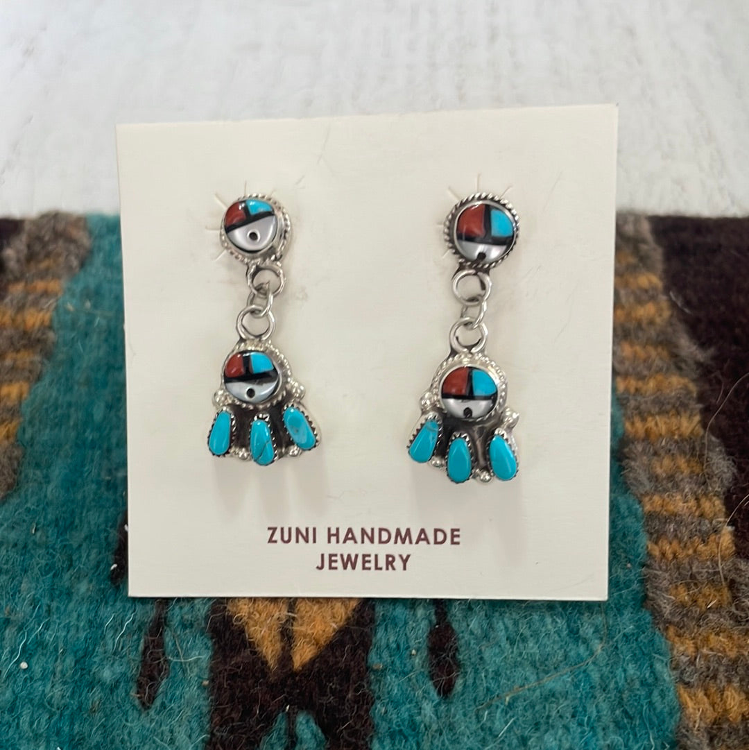 Zuni Inlay Multi Stone & Sterling Silver Dangle Earrings