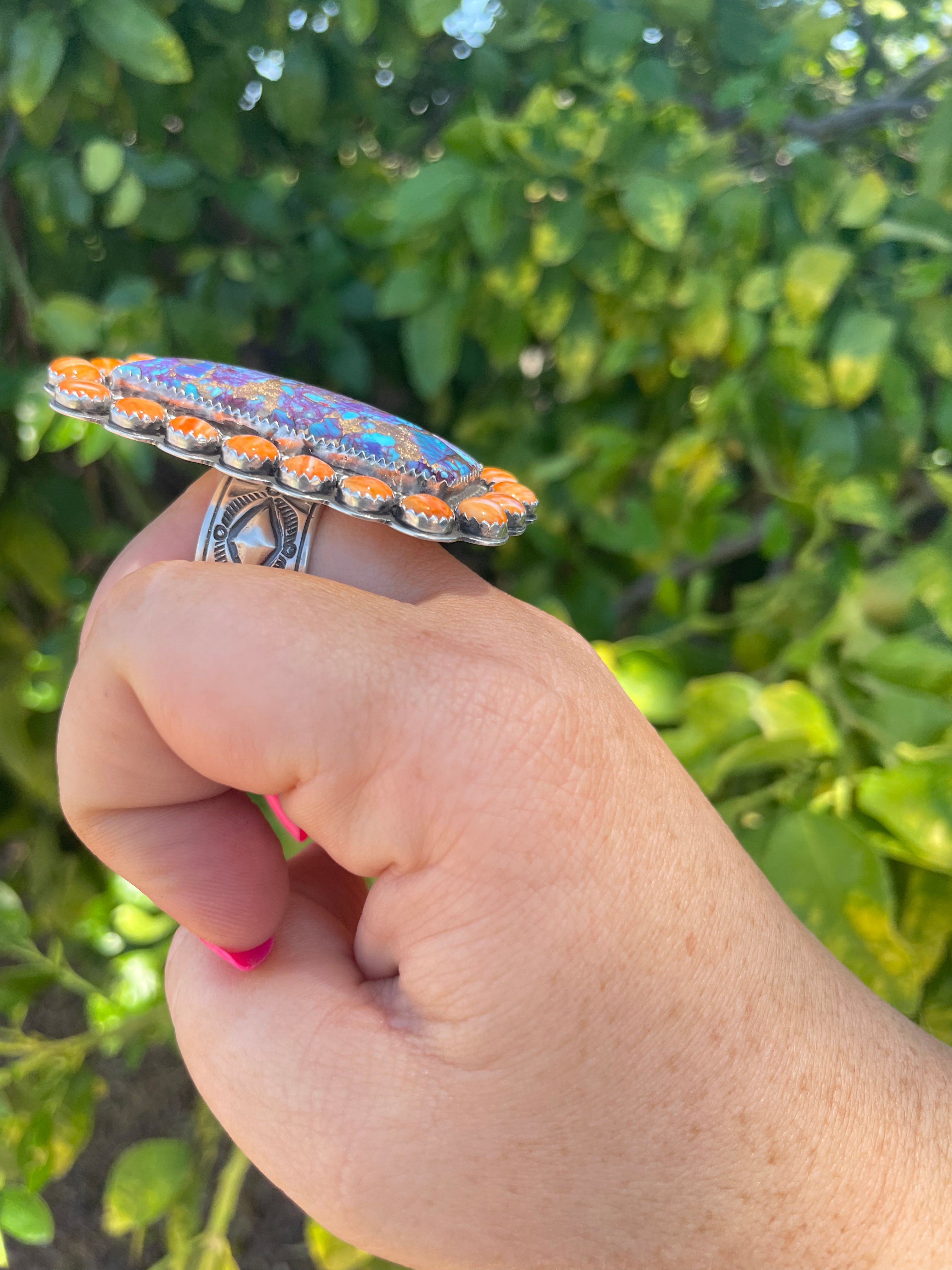 Navajo Orange Spiny, Purple Dream & Sterling Silver Adjustable Ring Signed P Yazzie