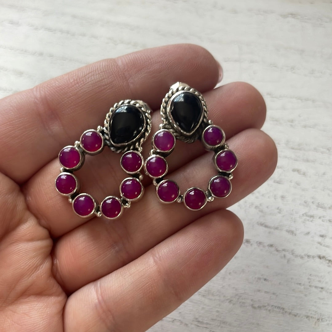 Beautiful Handmade Pink & Black Onyx & Sterling Silver Post Earrings Signed Nizhoni