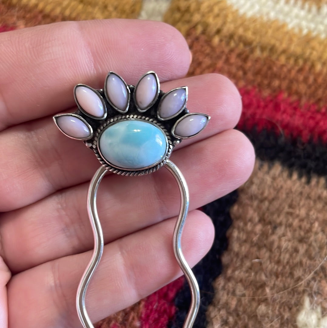 Handmade Larimar, Pink Conch & Sterling Silver Hair Pin