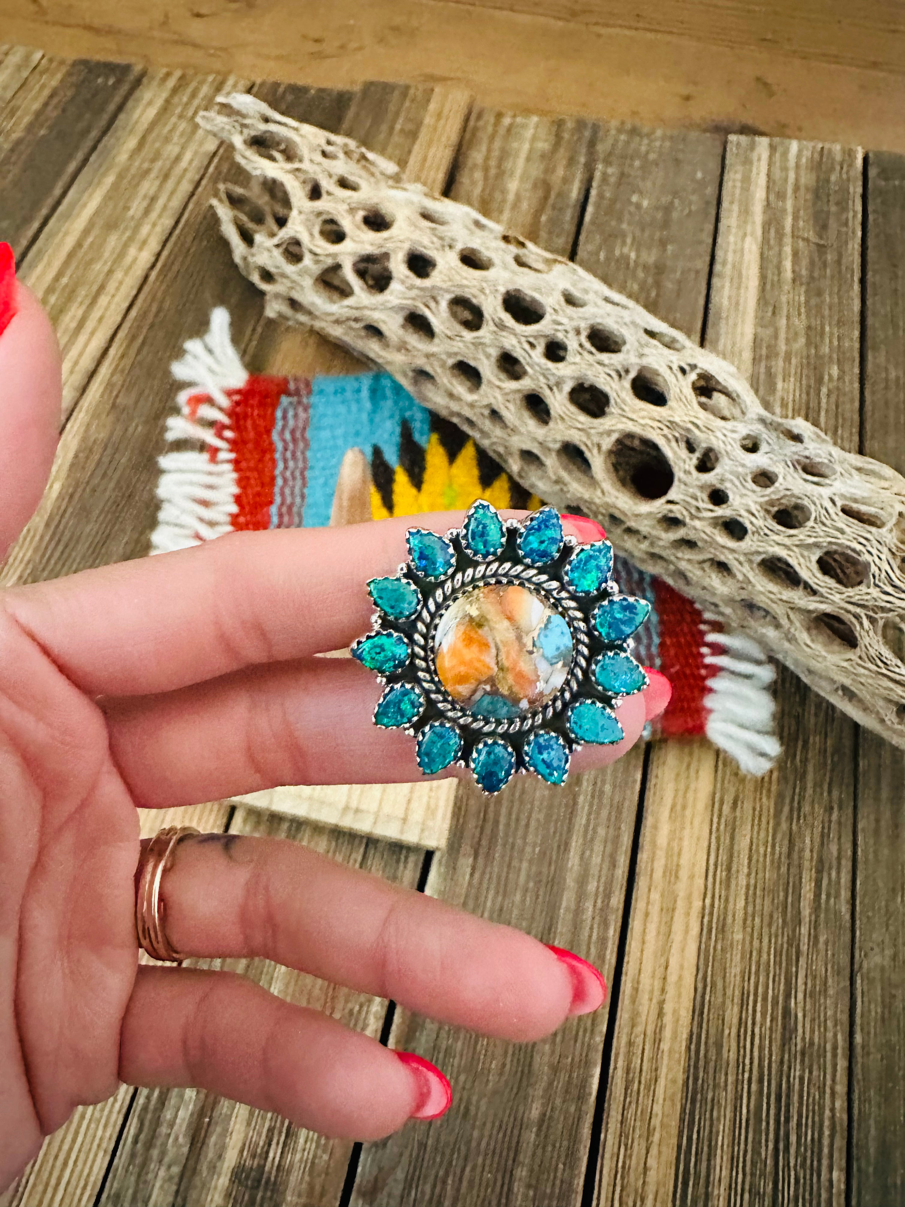 Handmade Sterling Silver, Spice & Opal Adjustable Ring