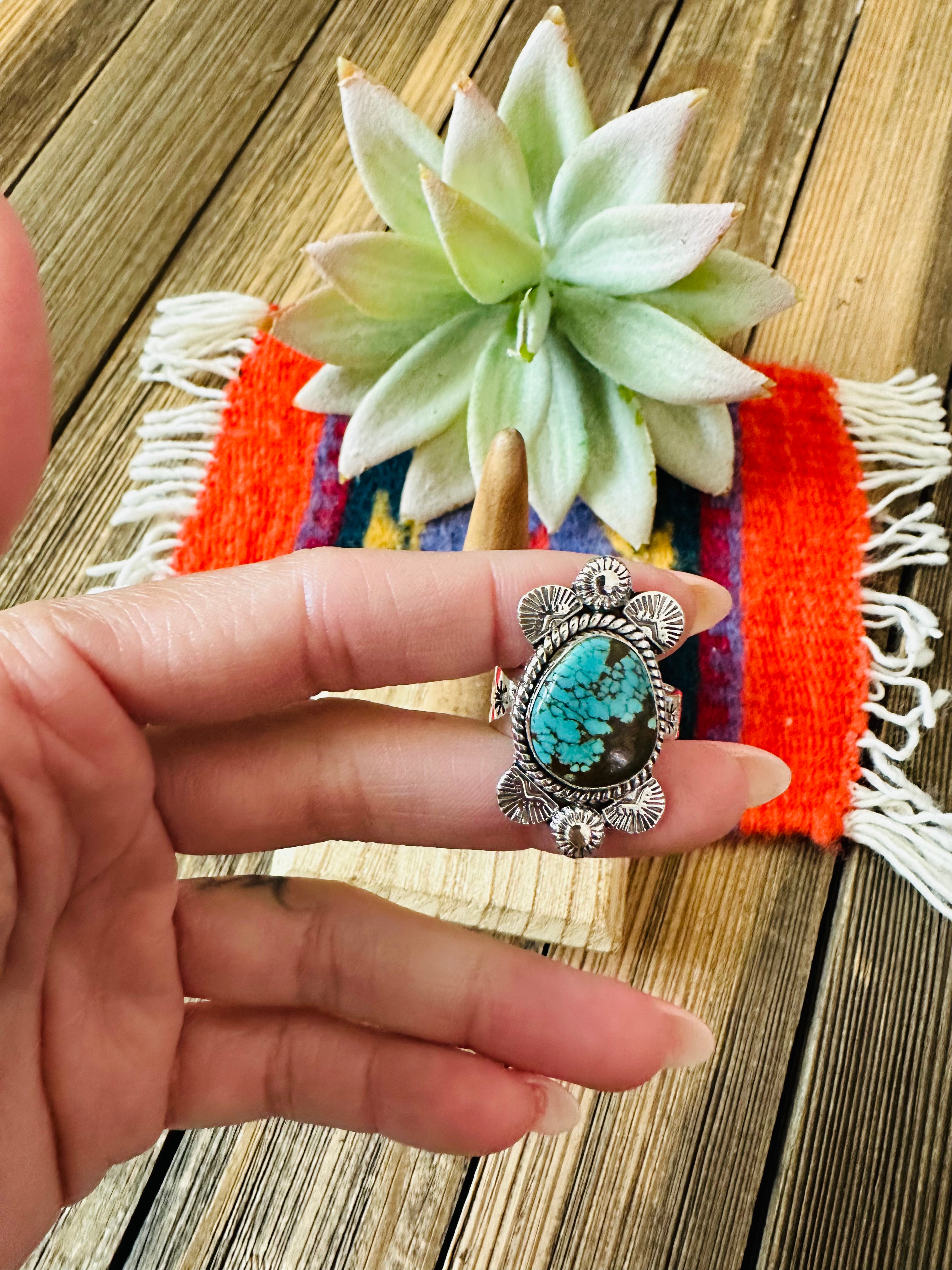 Handmade Sterling Silver & Number 8 Turquoise Adjustable Ring