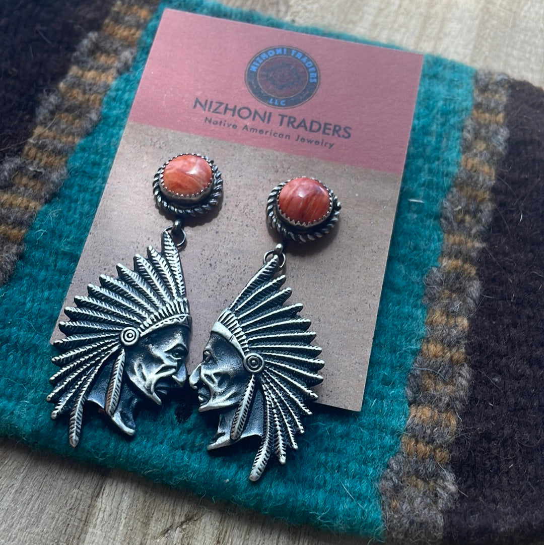 Beautiful Navajo Sterling Silver & Orange Spiny Dangle Chief Earrings Signed