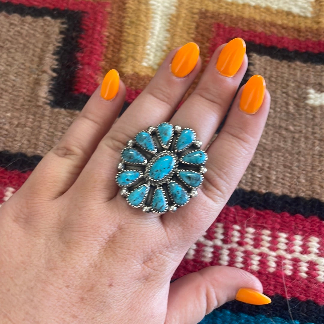 Navajo Sterling Silver Large Cluster Turquoise Ring