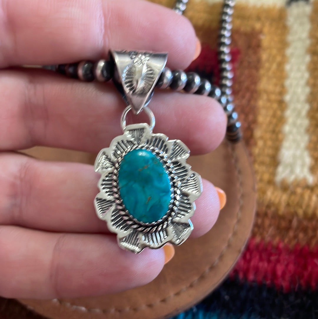 Handmade Sterling Silver & Kingman Turquoise Pendant Signed Nizhoni