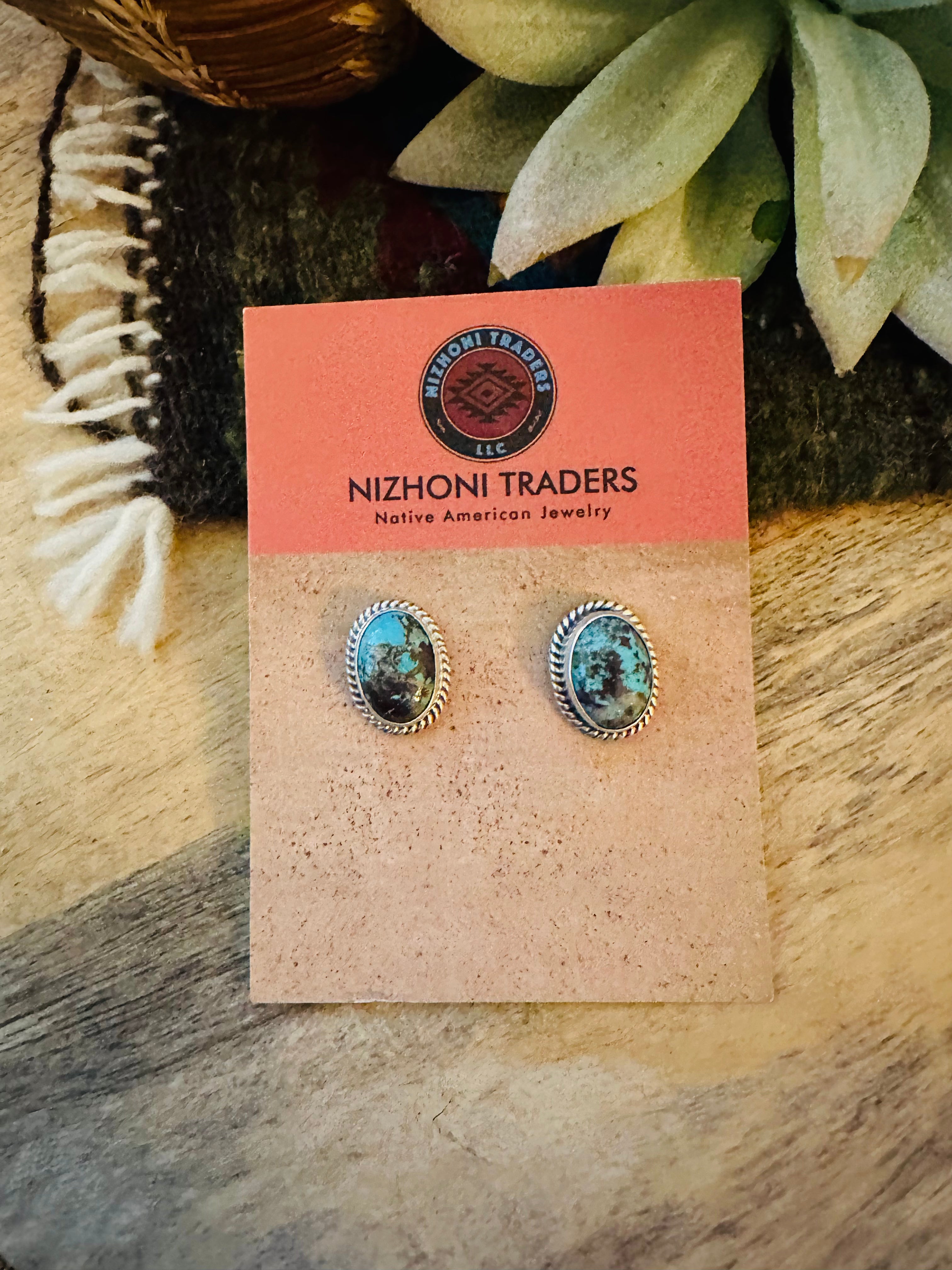 Navajo Kingman Turquoise  Sterling Silver Stud Earrings Signed