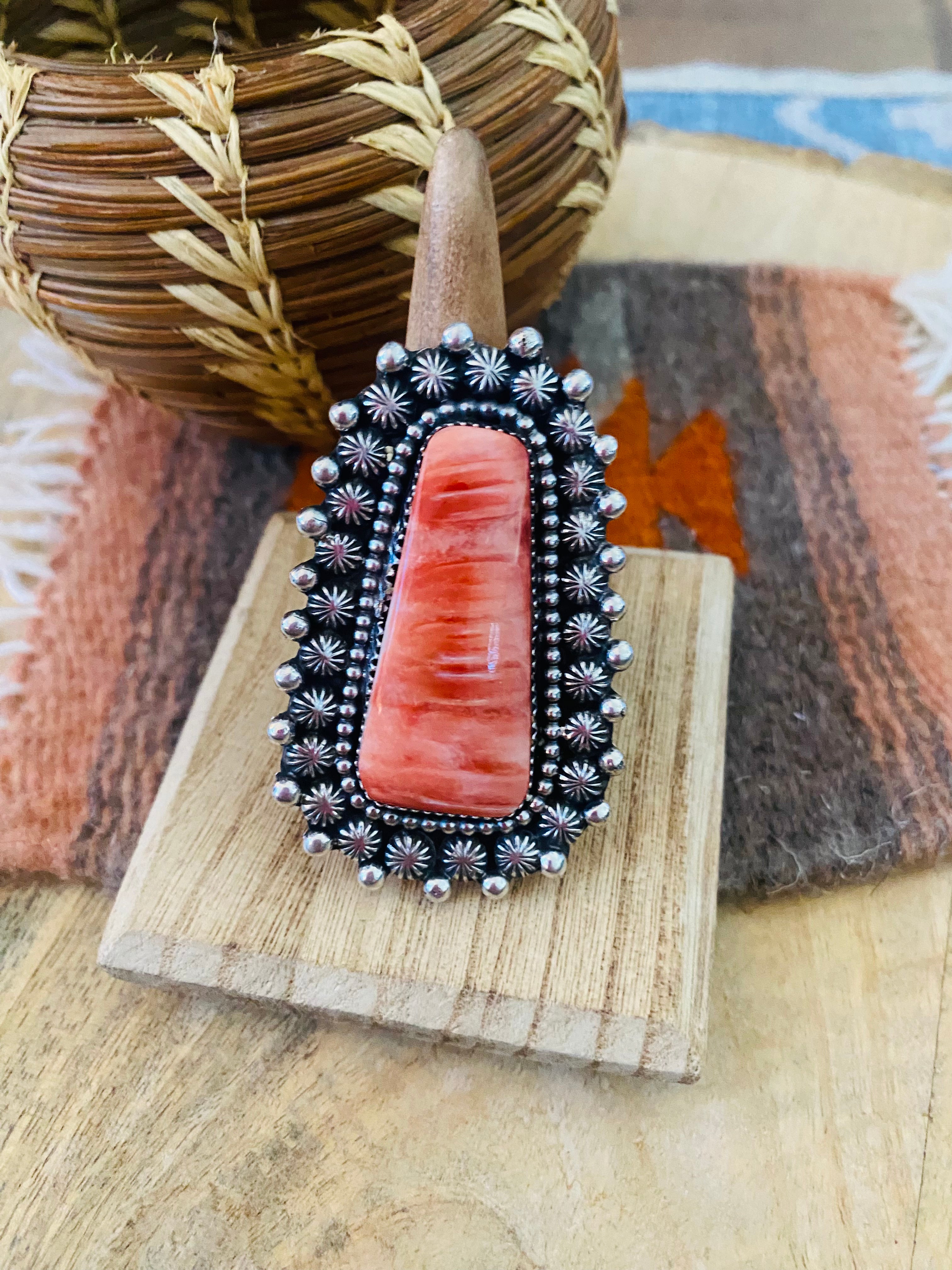 Navajo Orange Spiny & Sterling Silver Adjustable Ring