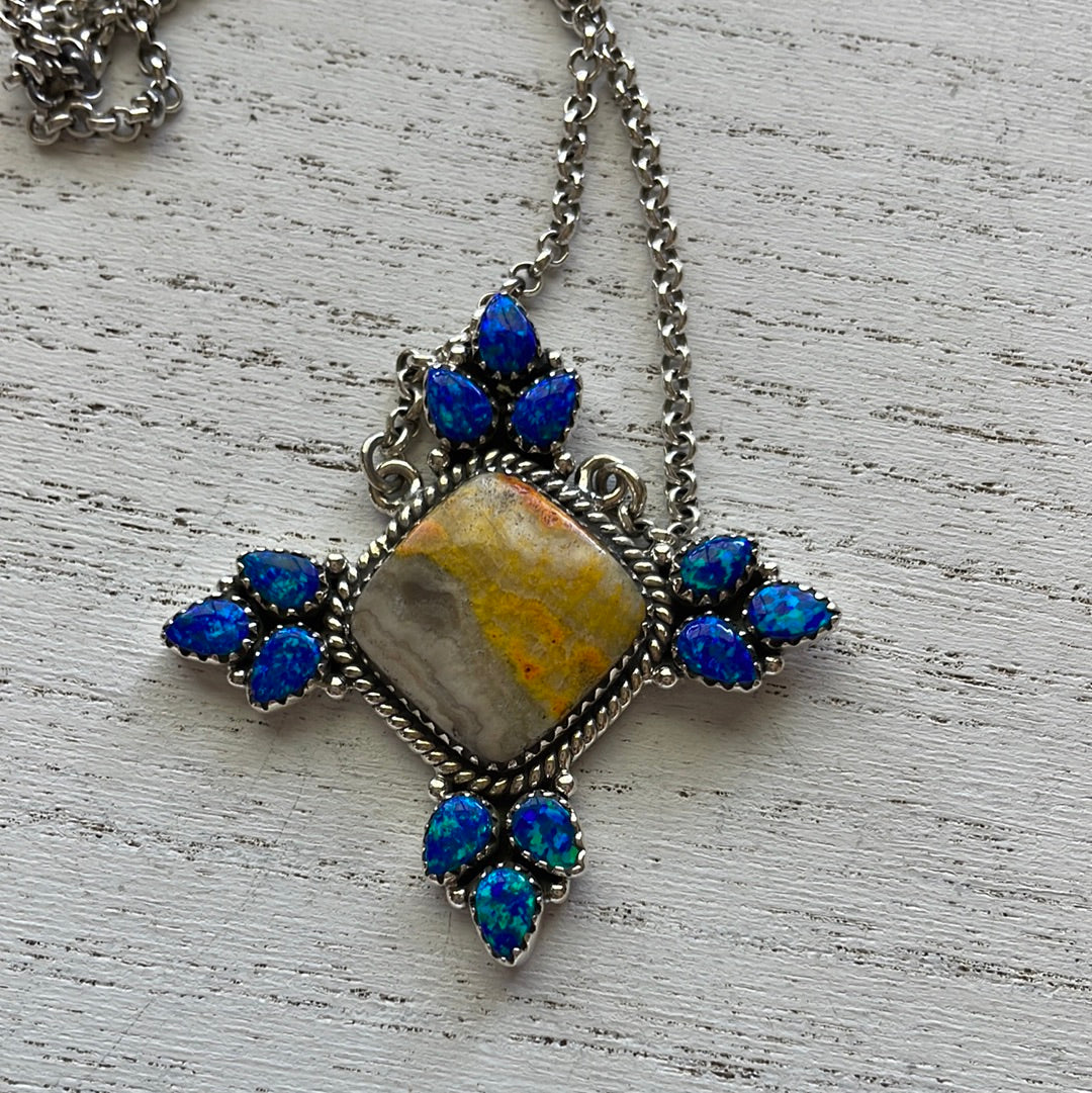 Handmade Sterling Silver, Opal, & Bumblebee Necklace Signed Nizhoni