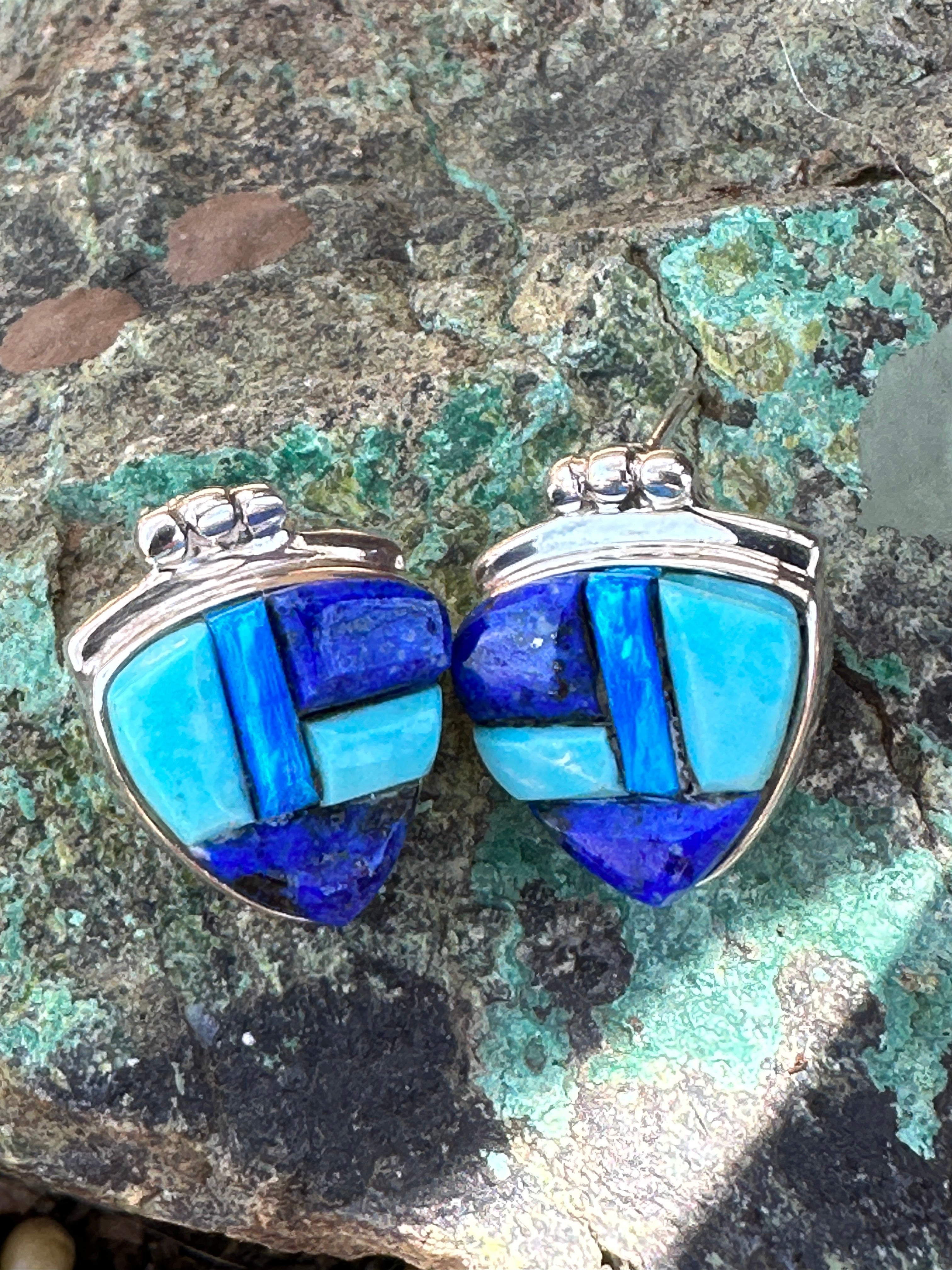 Handcrafted Lapis, Turquoise, Blue Triangle Berry Earrings