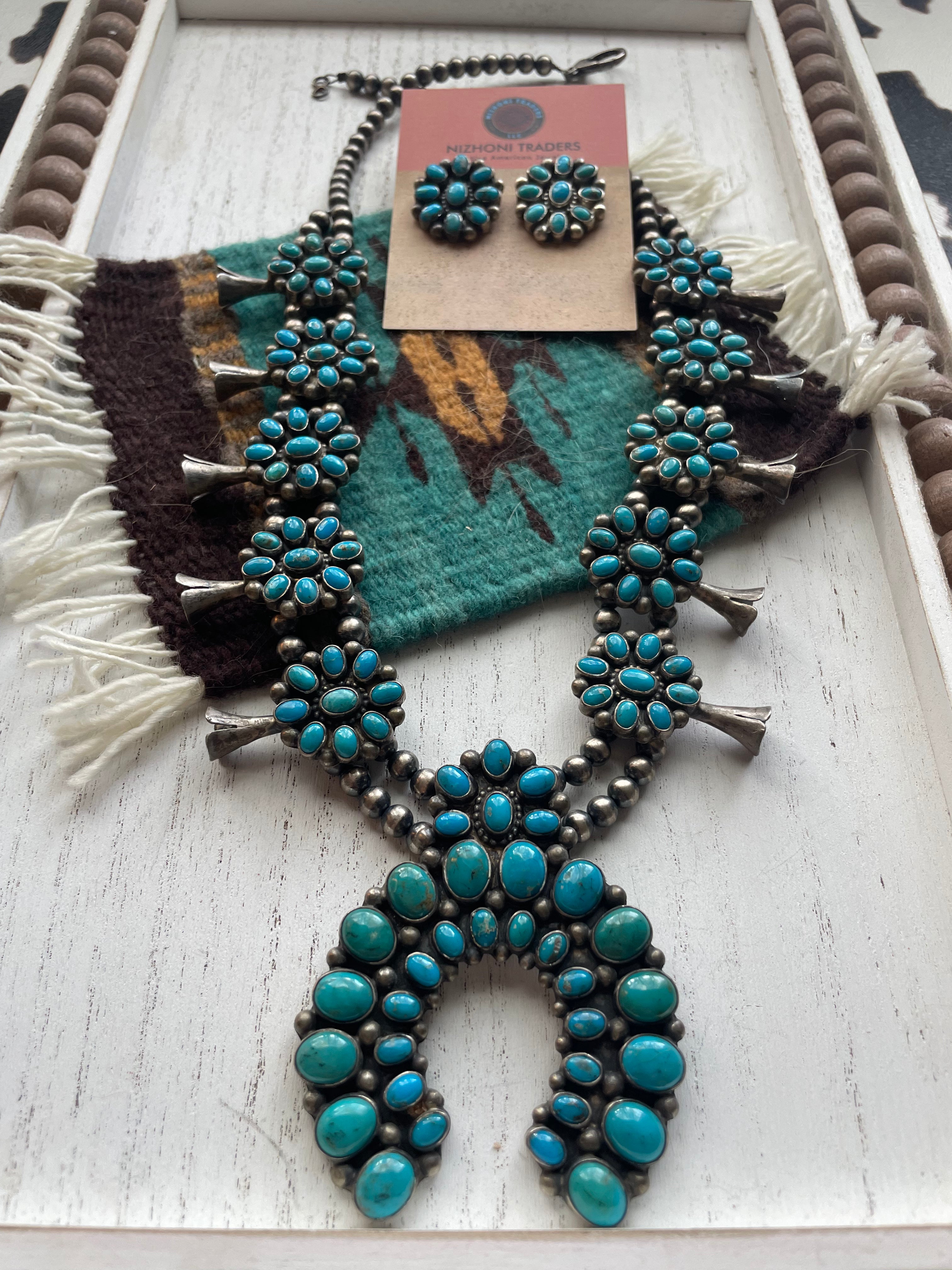 Navajo Royston Turquoise & Sterling Squash Blossom Set Signed