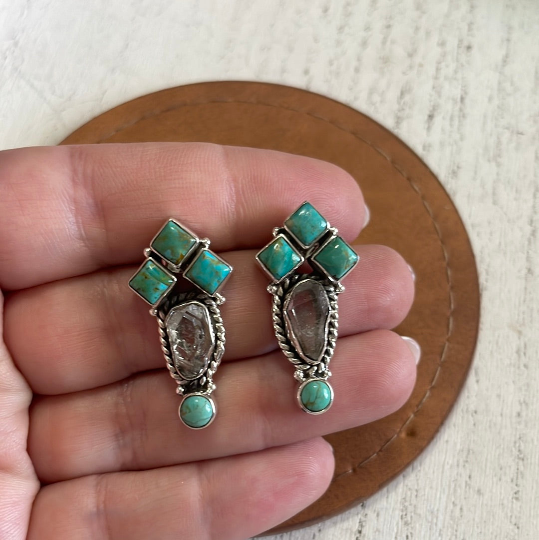 Handmade Herkimer Diamond, Turquoise & Sterling Silver Post Earrings Signed Nizhoni