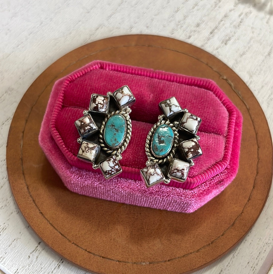 Nizhoni Wild Horse & Turquoise Sterling Silver Cluster Earrings