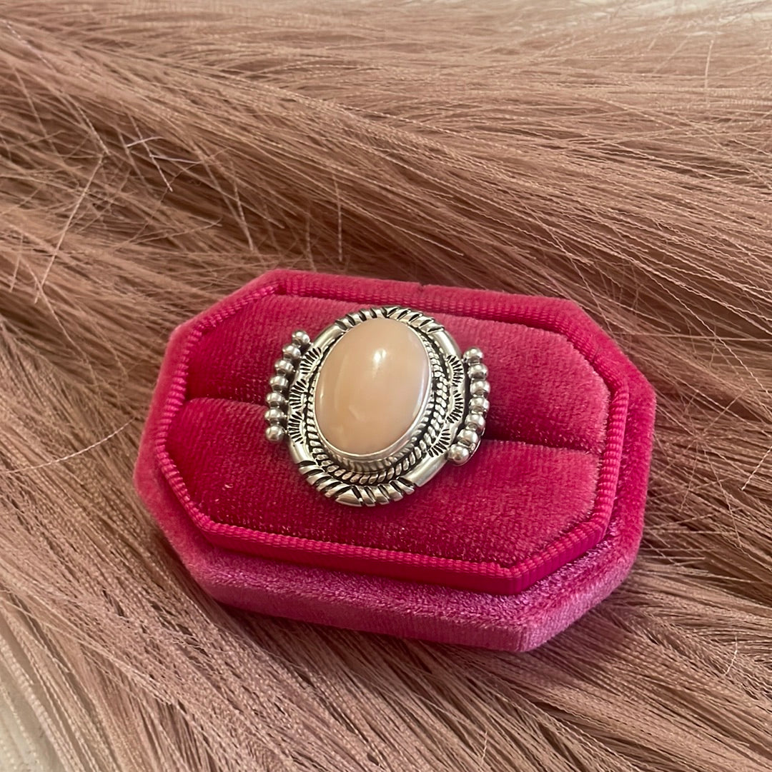 Gorgeous Navajo Pink Peruvian Opal And Sterling Silver Adjustable Ring