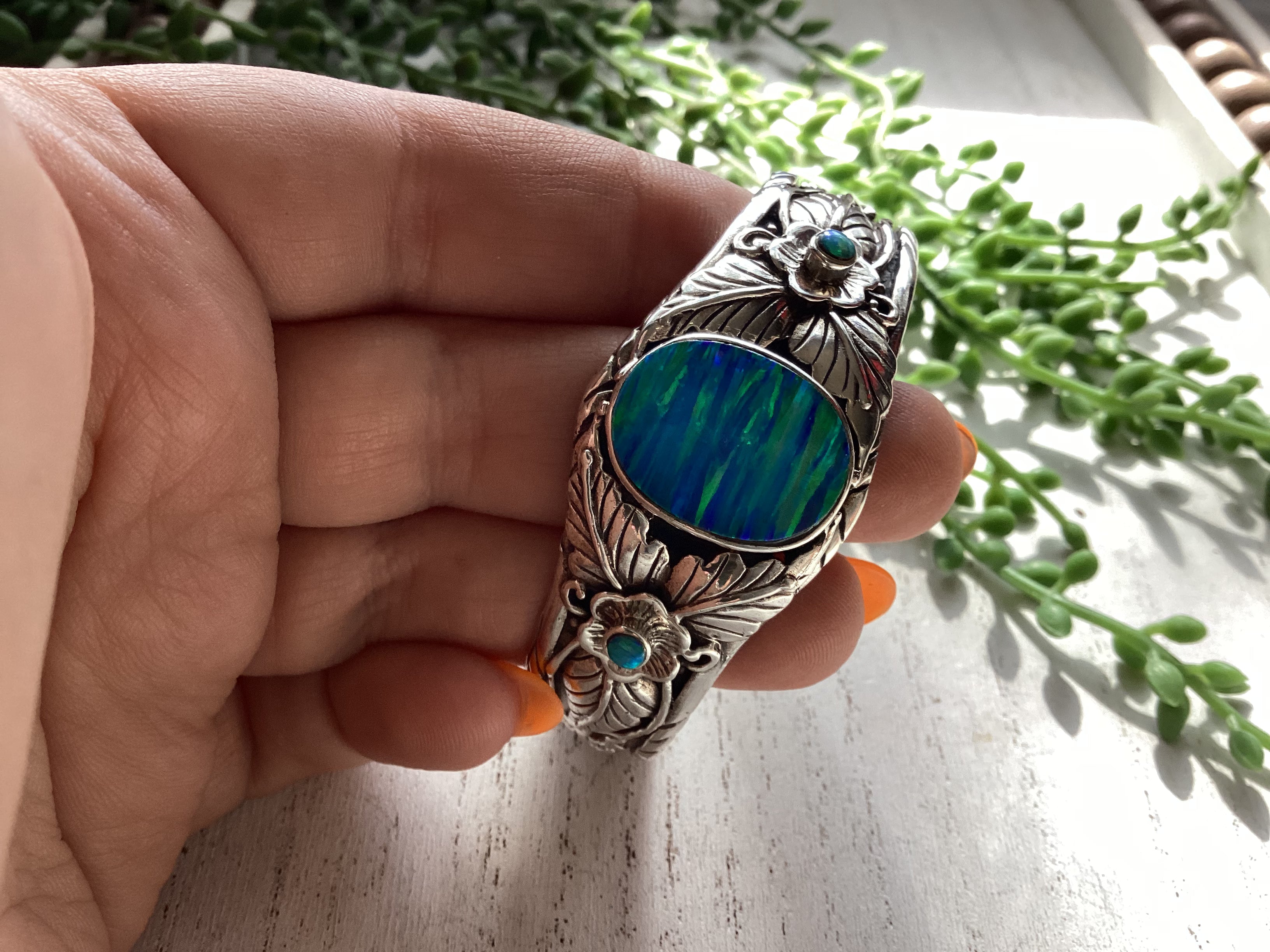 “The Fire Opal Cuff” Sterling Silver Fire Blue Opal Cuff Bracelet