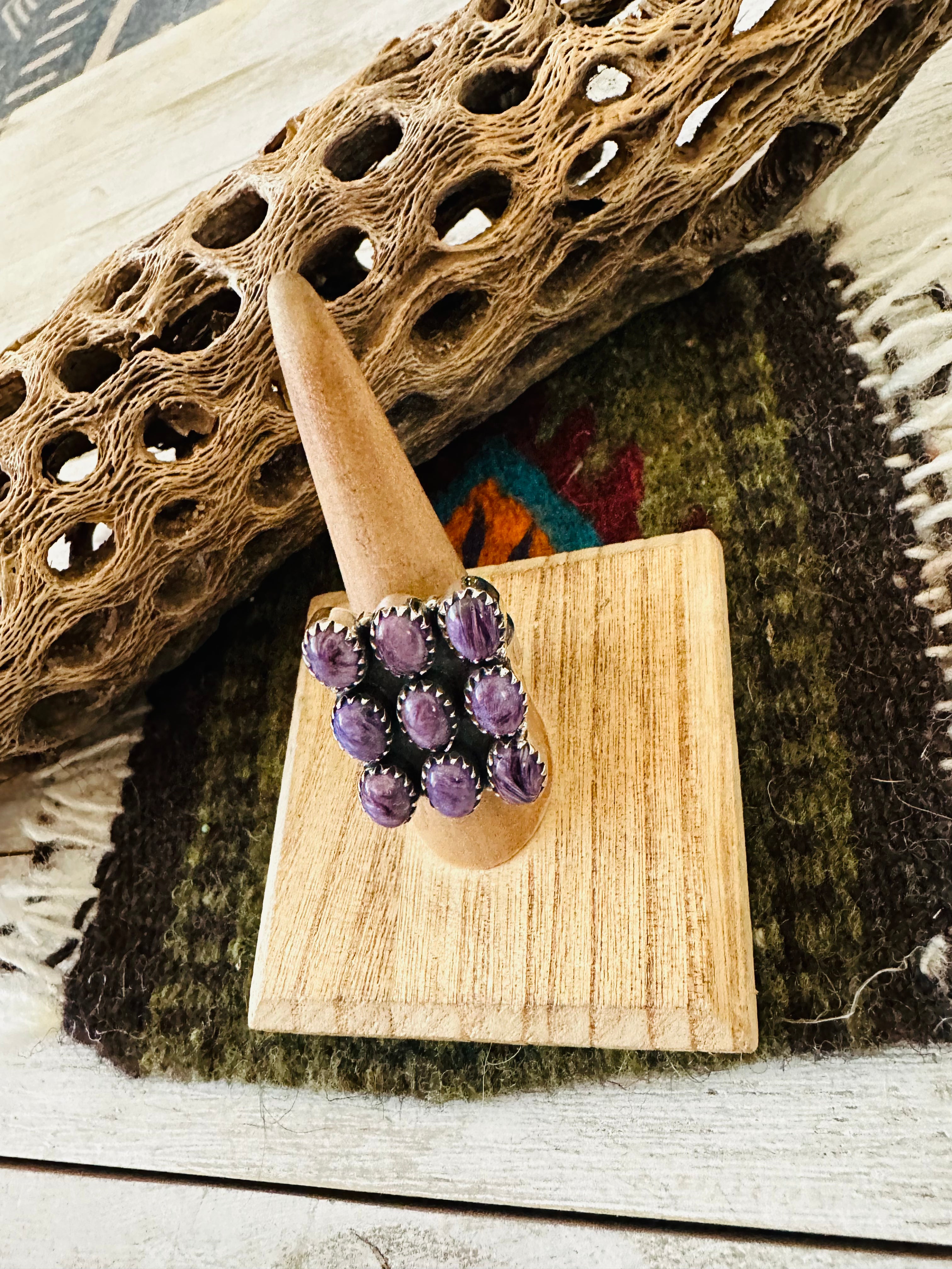 Handmade Sterling Silver & Charoite Cluster Adjustable Ring