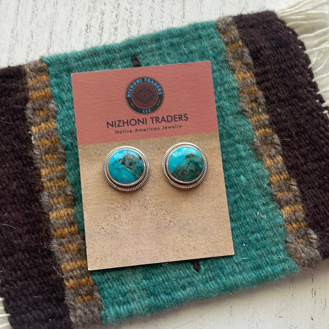 Navajo Sterling Silver & Turquoise Circle Stud Earrings Signed Wydell Billie