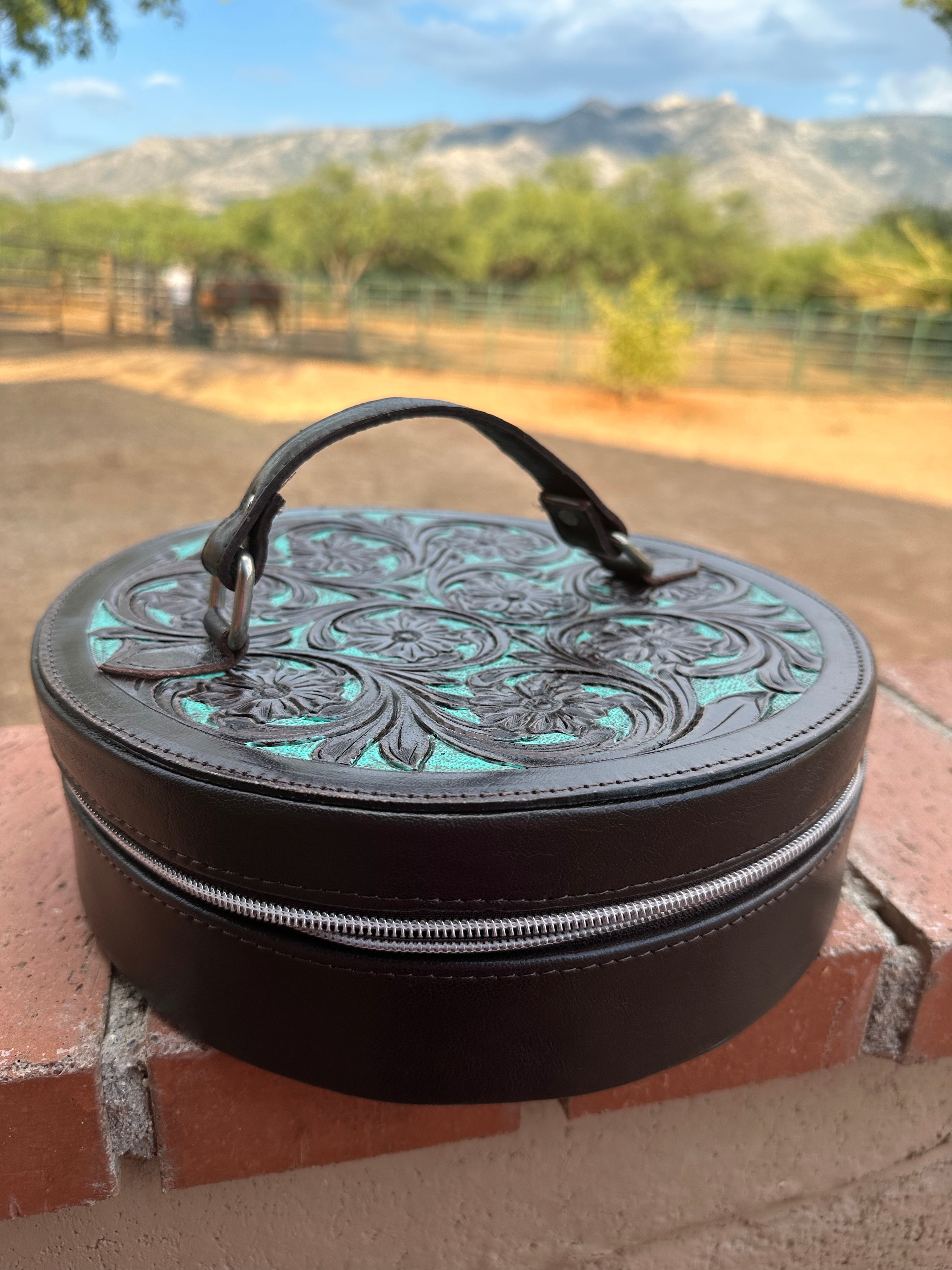 Chocolate Leather and Turquoise Travel Round Case