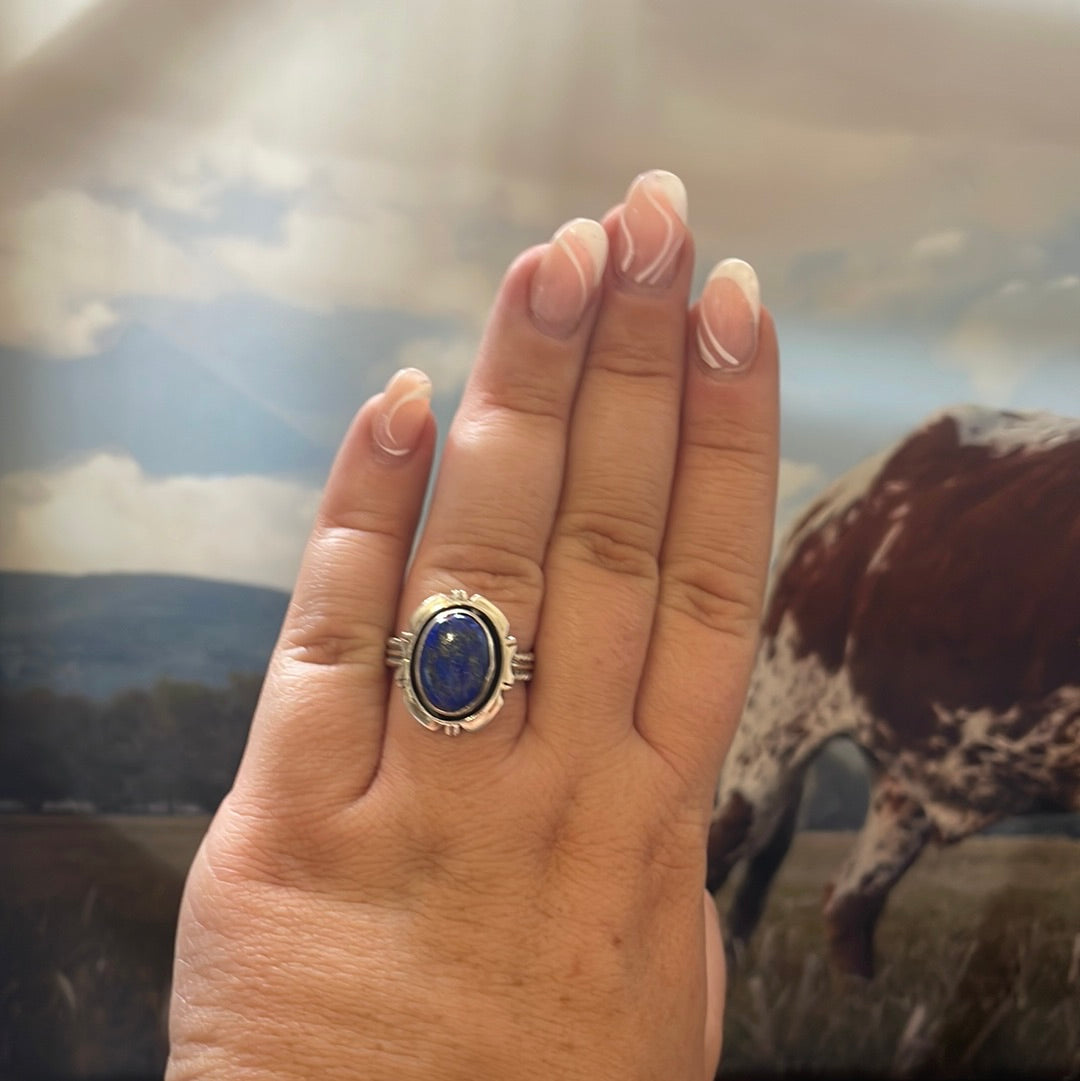 Navajo Sterling Silver Oval Lapis Braided Band Ring