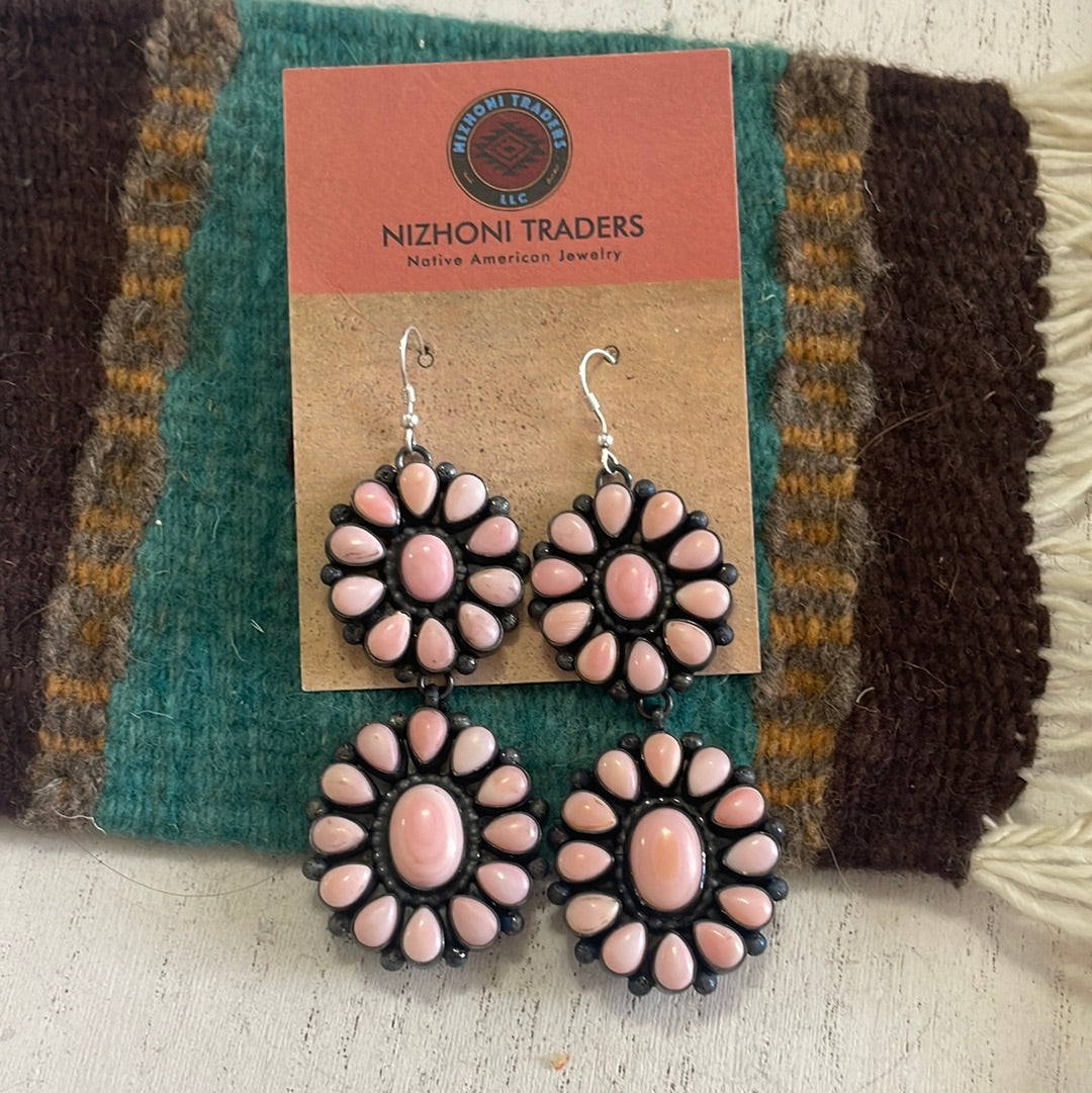 “The Sunday Morning” Navajo Pink Conch and Sterling Silver Flower Dangle Earrings Signed