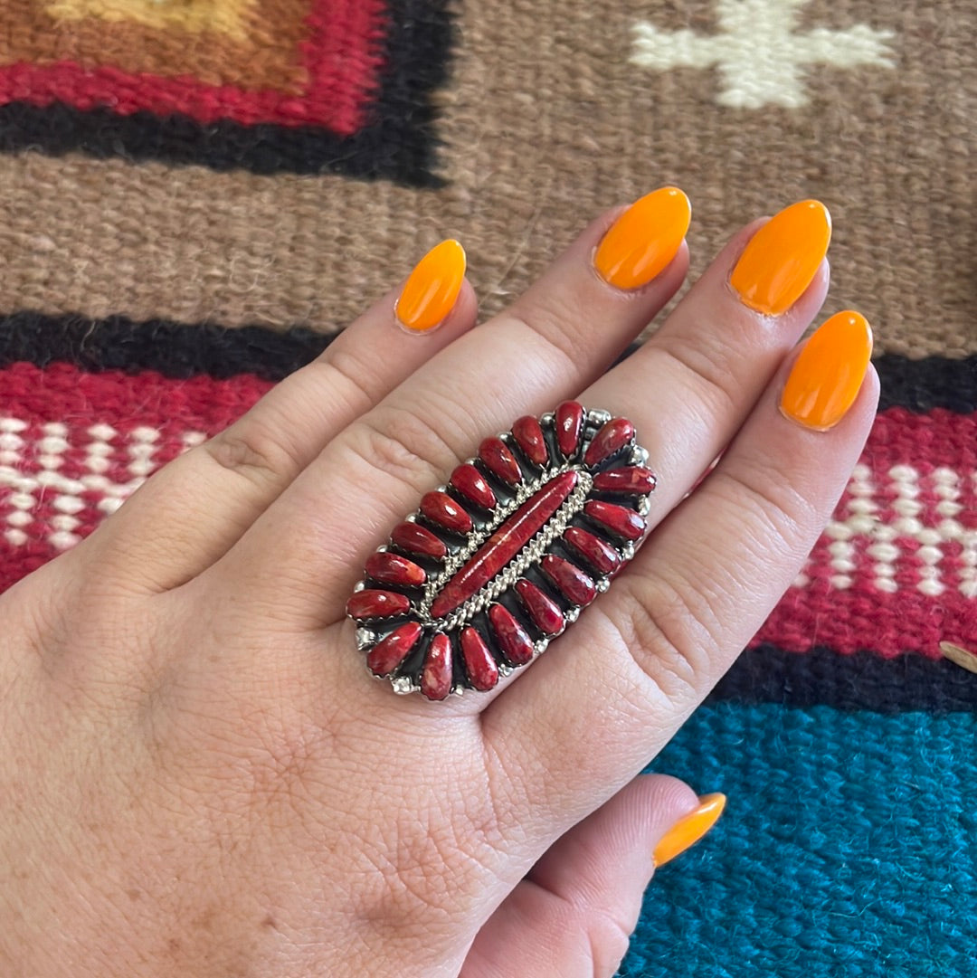 Navajo Sterling Silver & Coral Oval Cluster Ring Signed