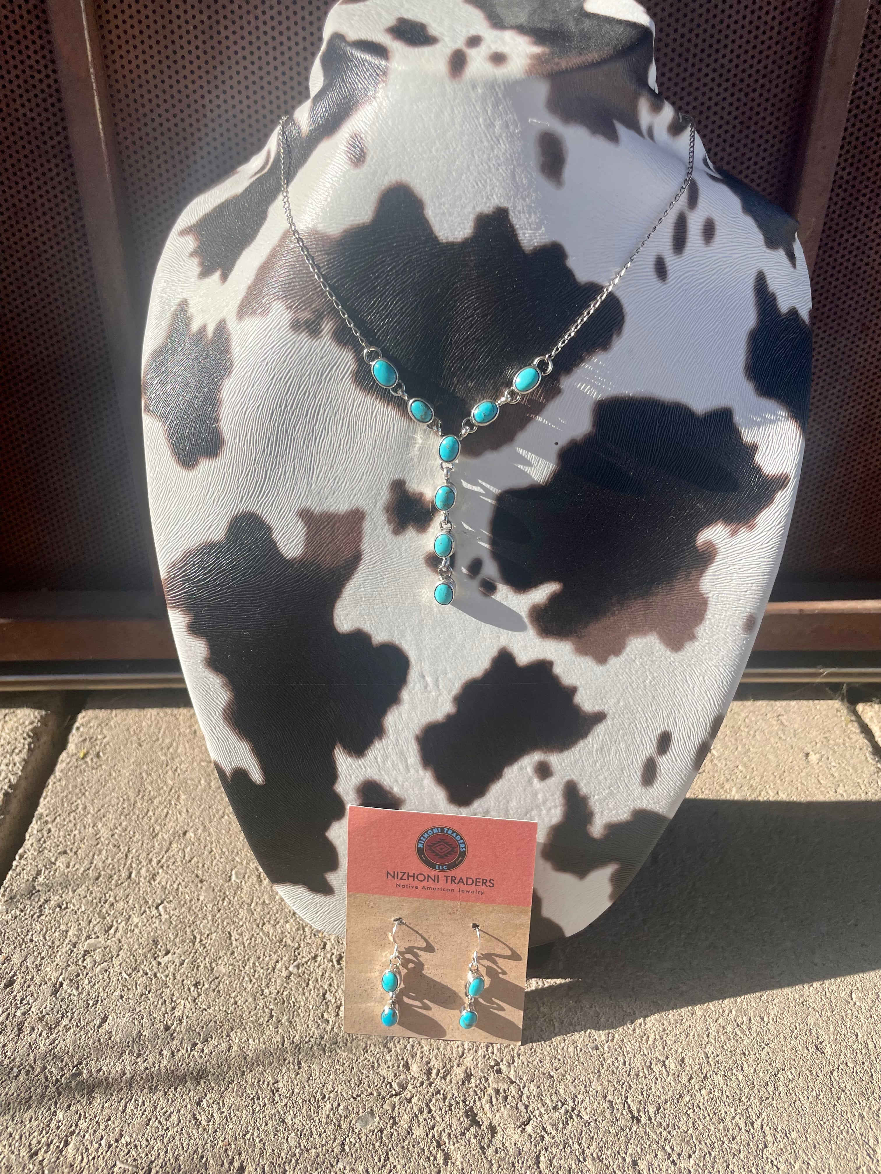 Navajo Sterling And Turquoise Drop Necklace And Earrings Set