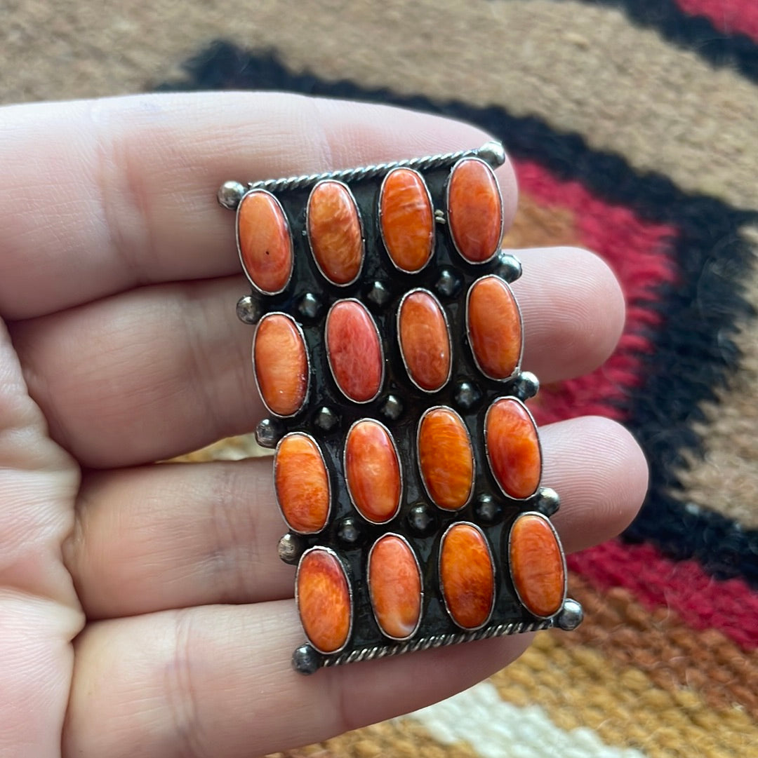 Navajo Sterling Silver & Orange Spiny Cluster Ring Size 8 Signed Jacquline Silver