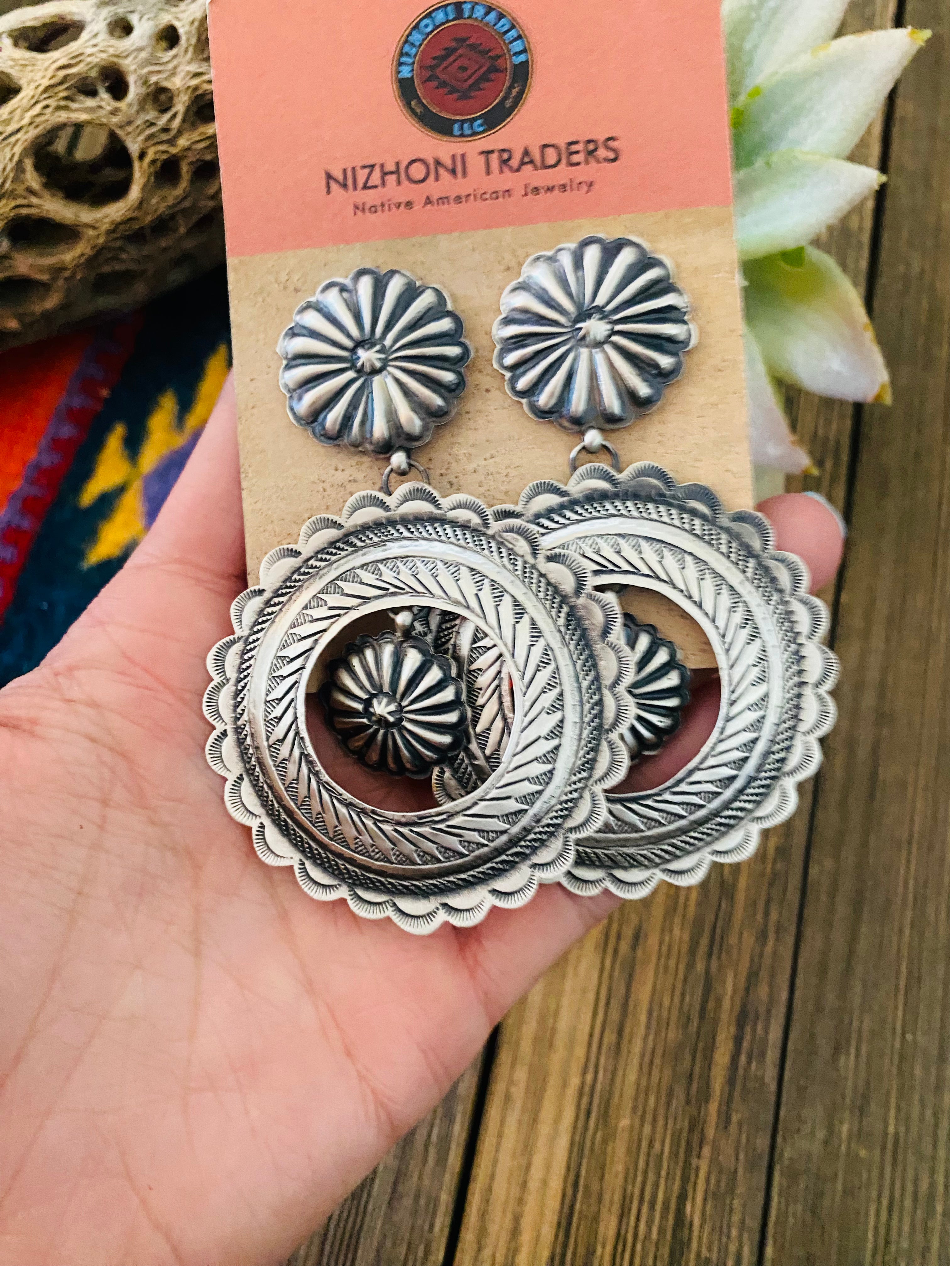 Navajo Hand Stamped Sterling Silver Concho Dangle Earrings