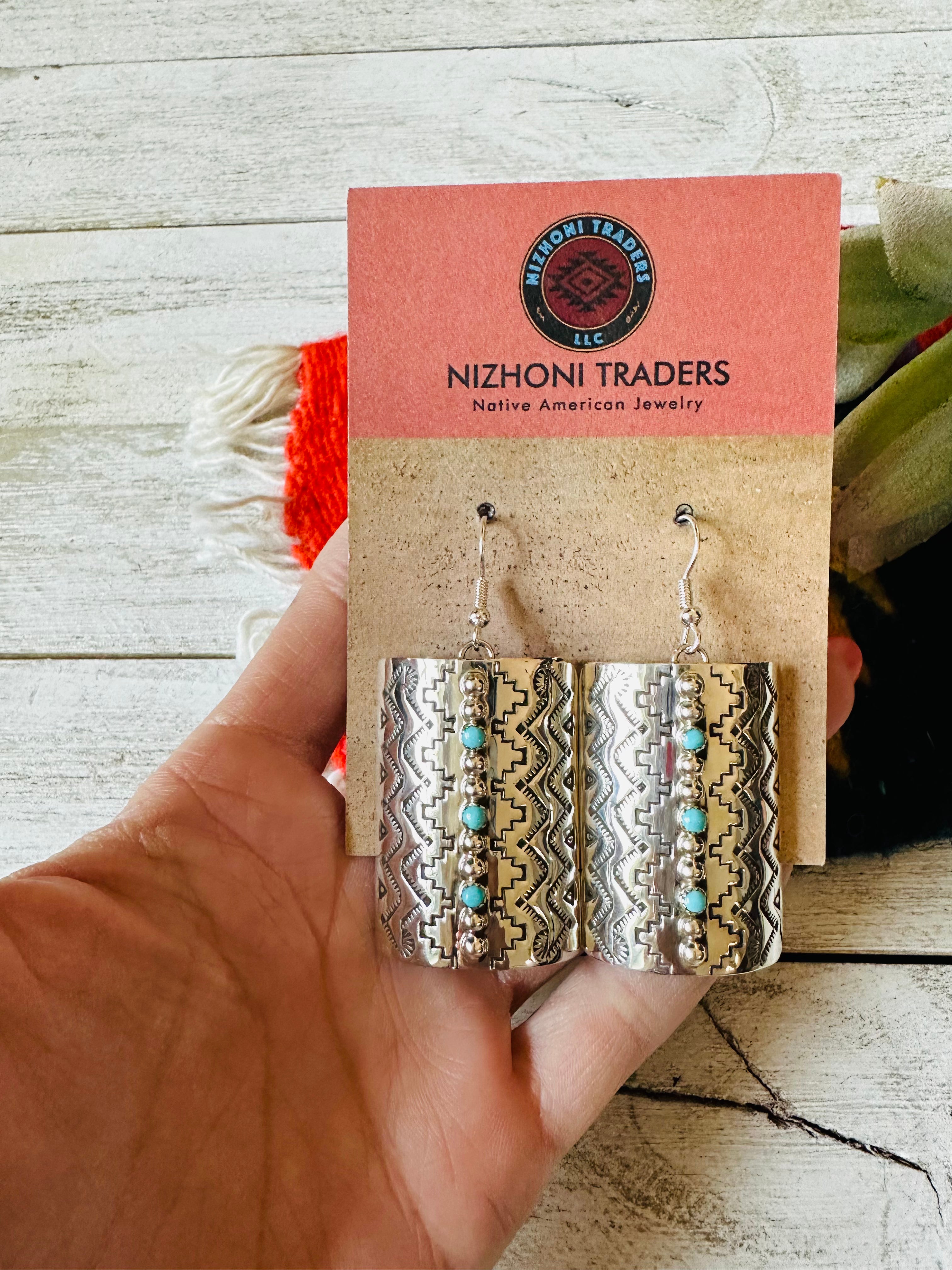 Navajo Hand Stamped Sterling Silver & Turquoise Dangle Earrings