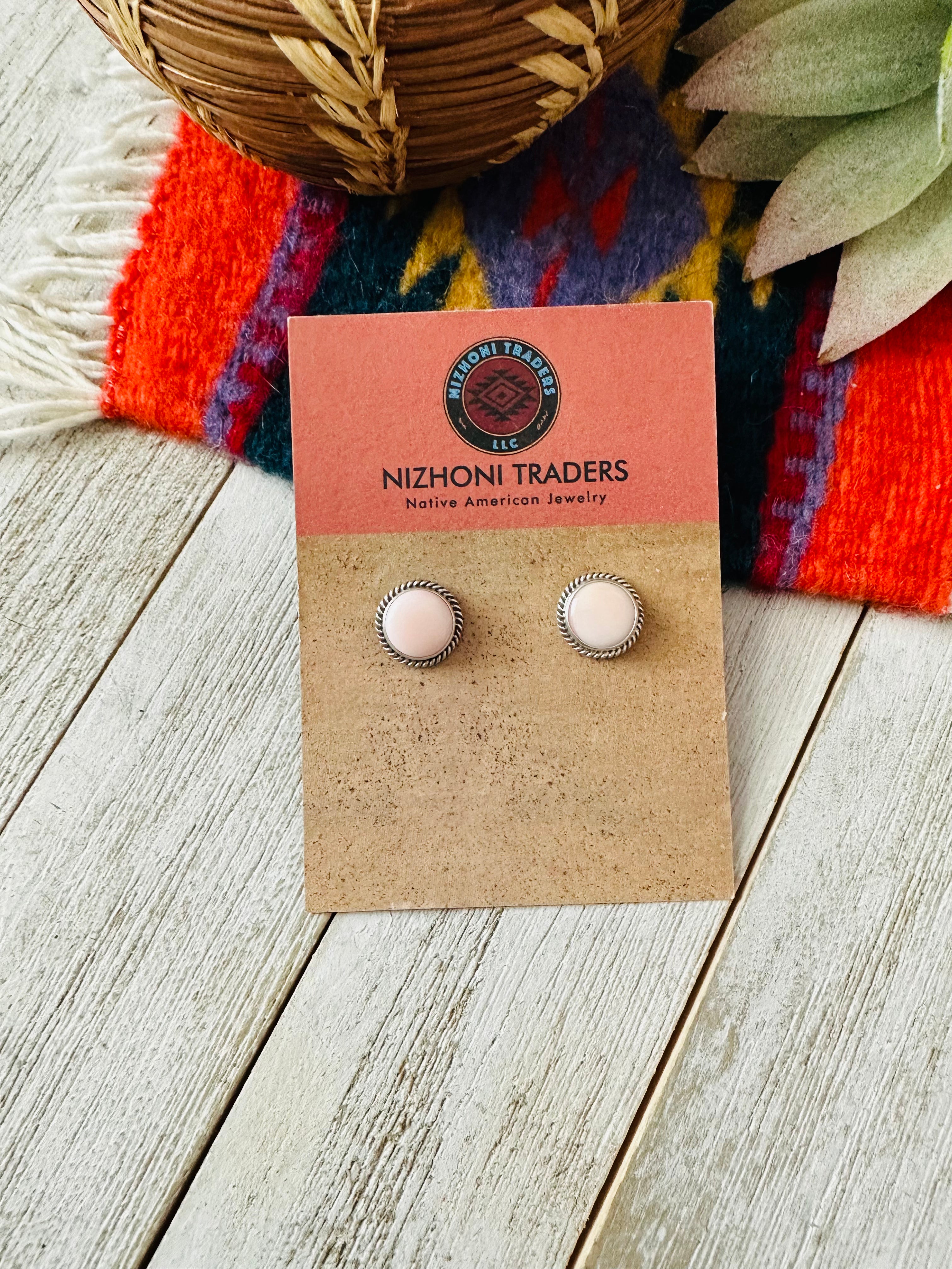 Navajo Queen Pink Conch Shell & Sterling Silver Stud Earrings