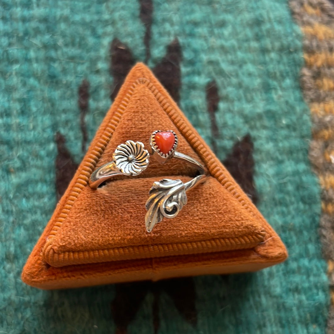 Navajo Coral And Sterling Silver Adjustable Flower Heart Ring