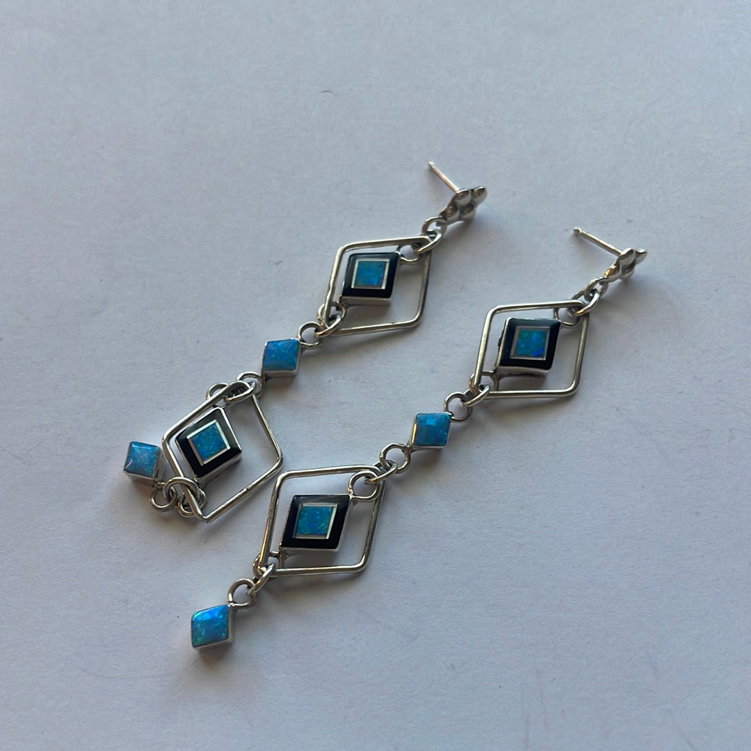 Zuni Sterling Silver & Blue Fire Opal Inlay Dangle Earrings