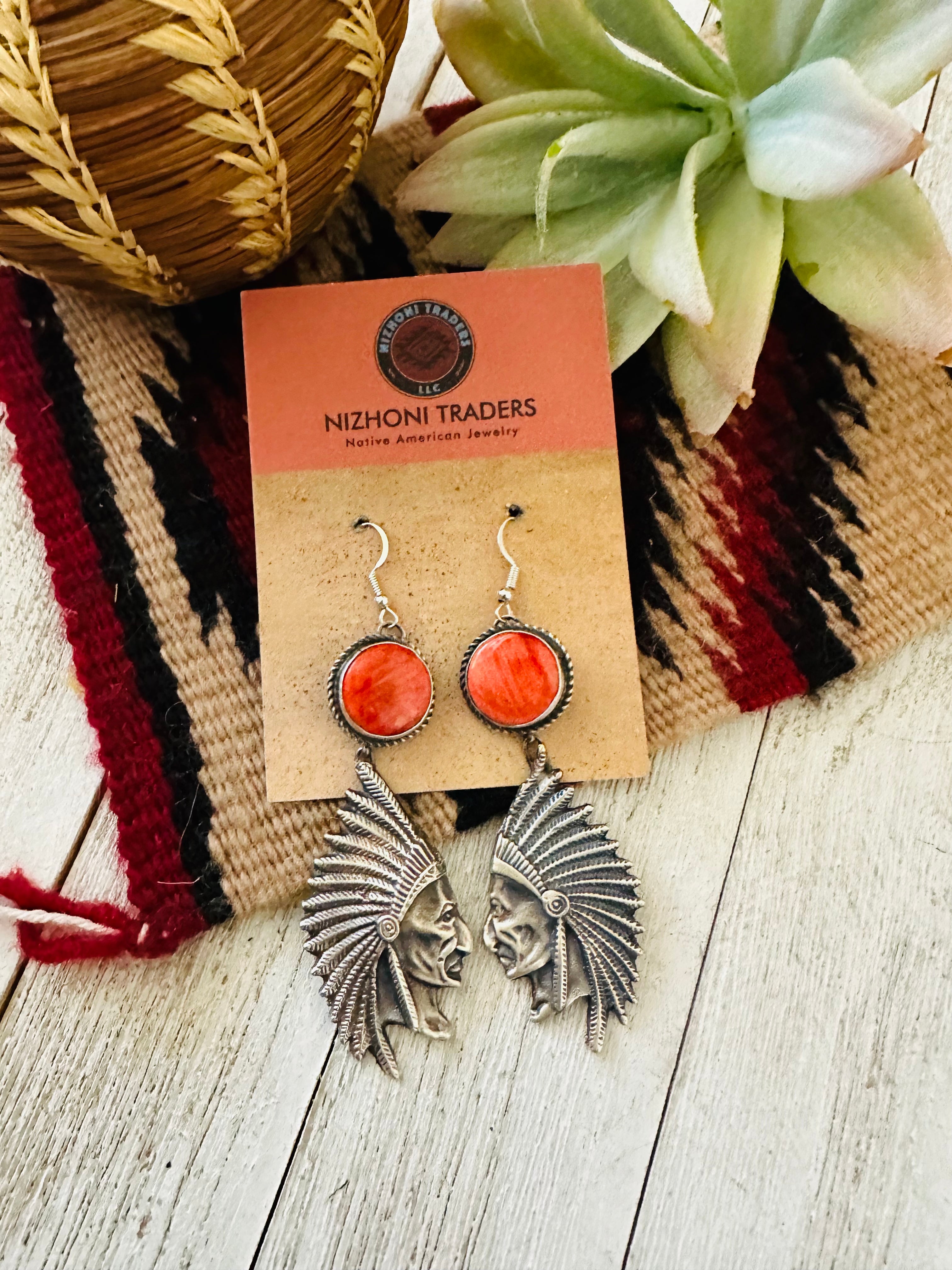 Navajo Spiny & Sterling Silver Indian Head Dangle Earrings