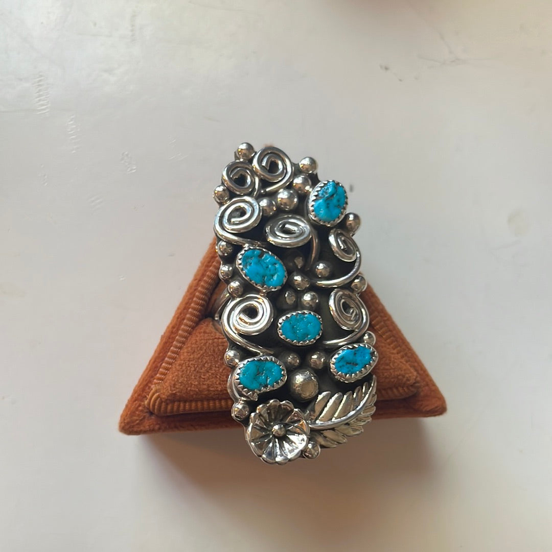 Navajo Sterling Silver & Turquoise Flower Ring Size 11.5