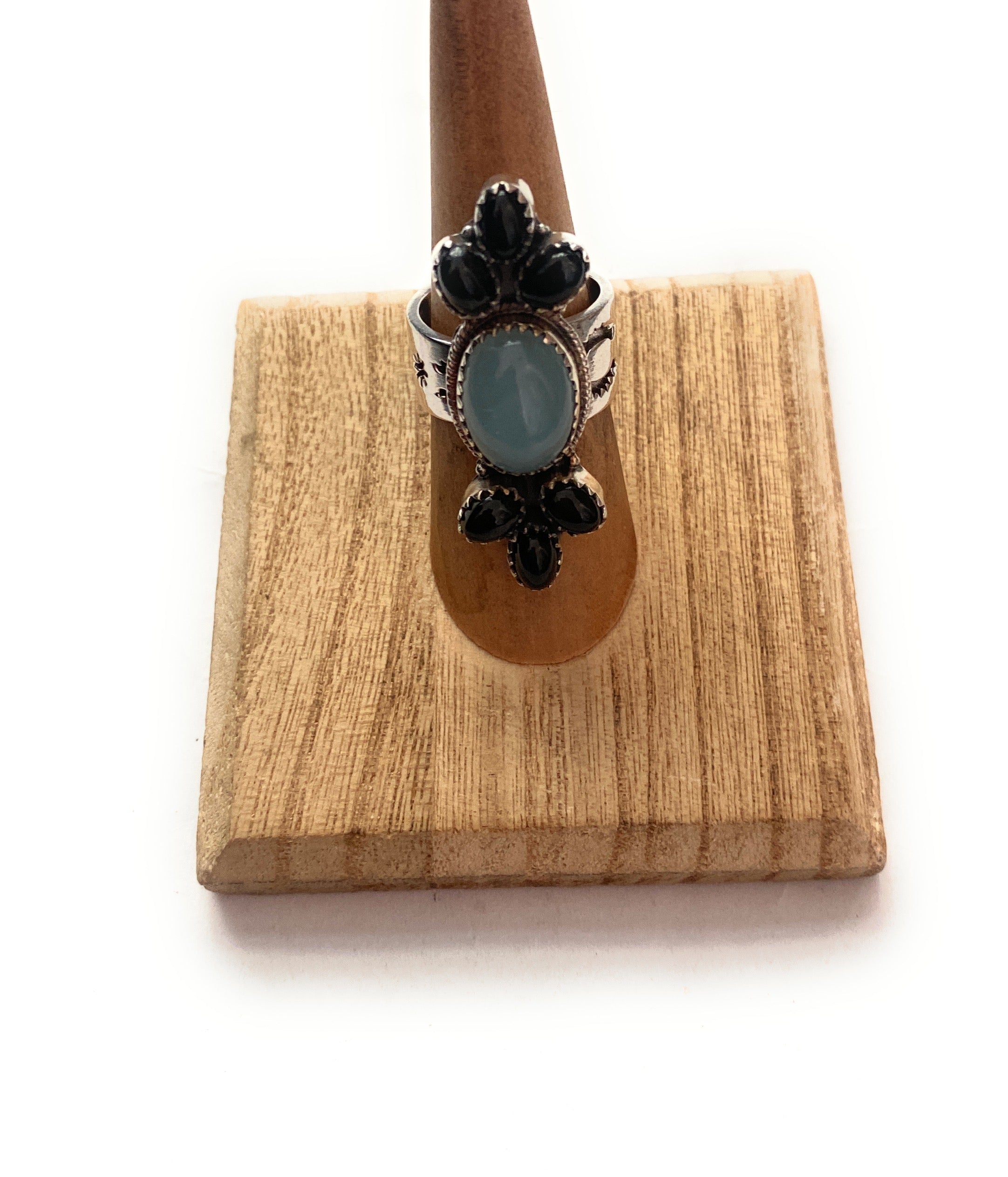 Handmade Sterling Silver, Opalite & Onyx Cluster Adjustable Ring