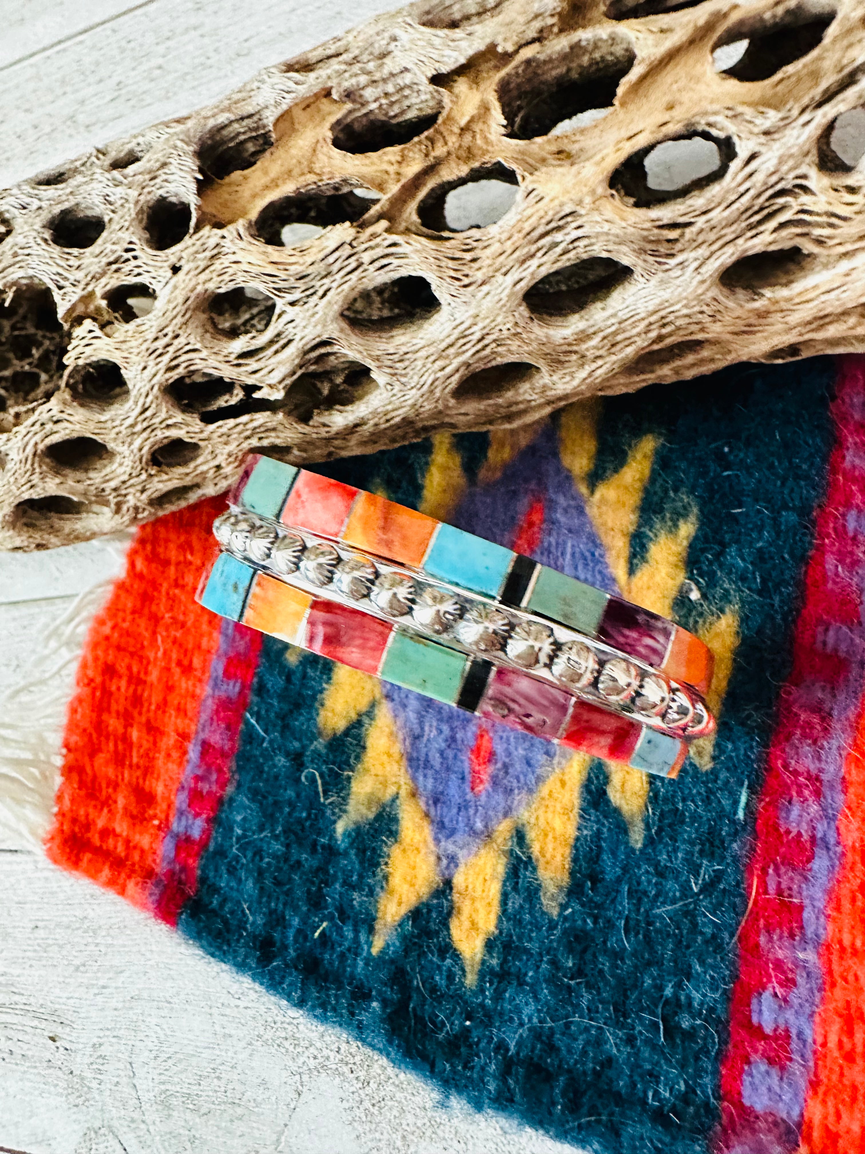 Navajo Multi Stone & Sterling Silver Inlay Cuff Bracelet