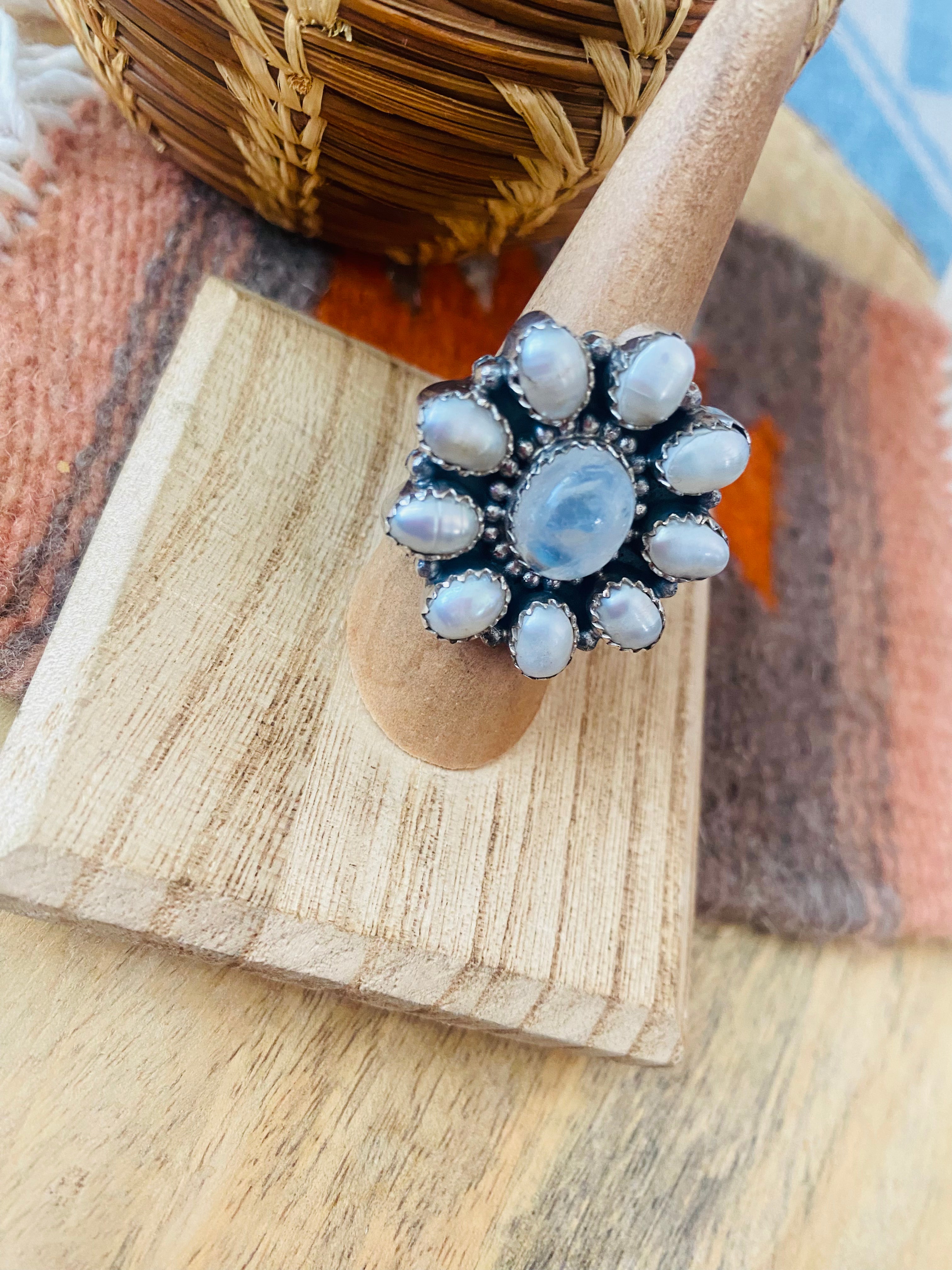 Handmade Sterling Silver, Pearl & Moon Stone Adjustable Ring