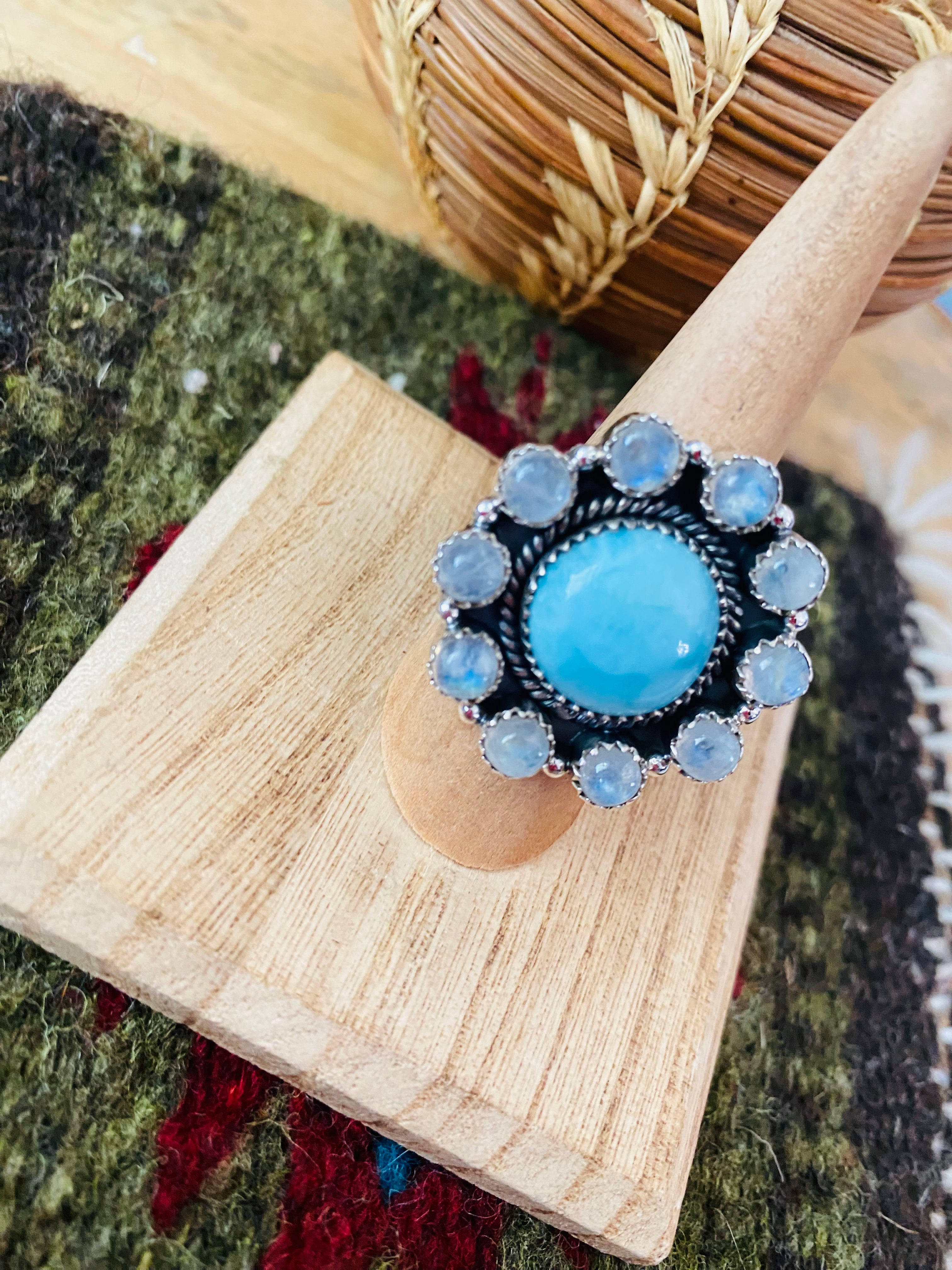 Handmade Sterling Silver, Larimar & Moon Stone Cluster Adjustable Ring