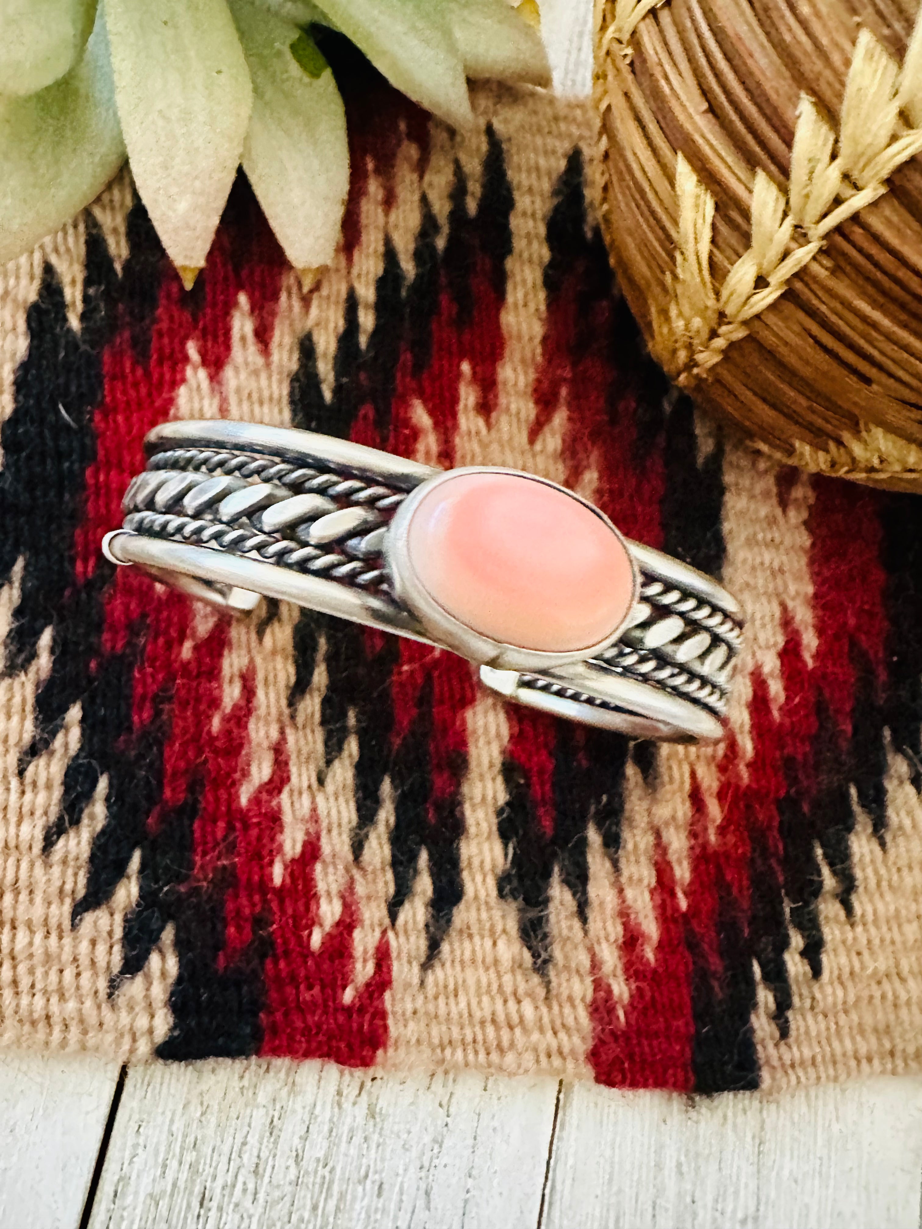 Navajo Queen Pink Conch Shell & Sterling Silver Cuff Bracelet