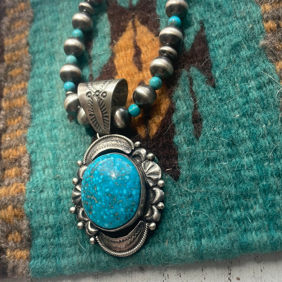 Beautiful Navajo Sterling Silver Turquoise Necklace Signed